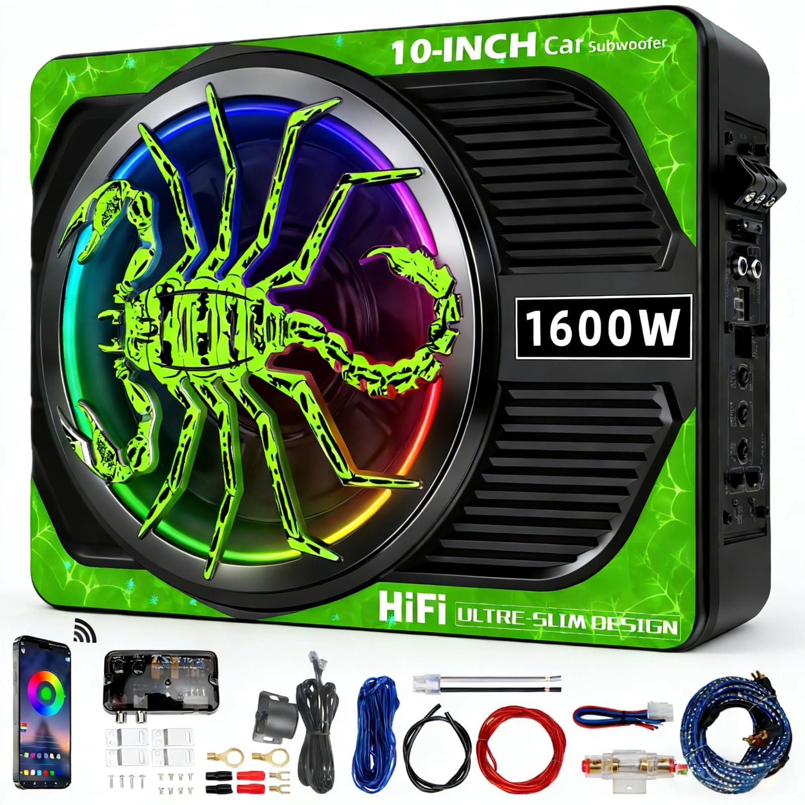 2026 Upgraded 10" 1600W Slim Under Seat Car Subwoofer with Built-in Amp &amp; LED Ambient Lights - Low Profile Bass Sub for Car Audio Individual Controls (LPF/Gain/Bass Boost) High Output Distortion-Free