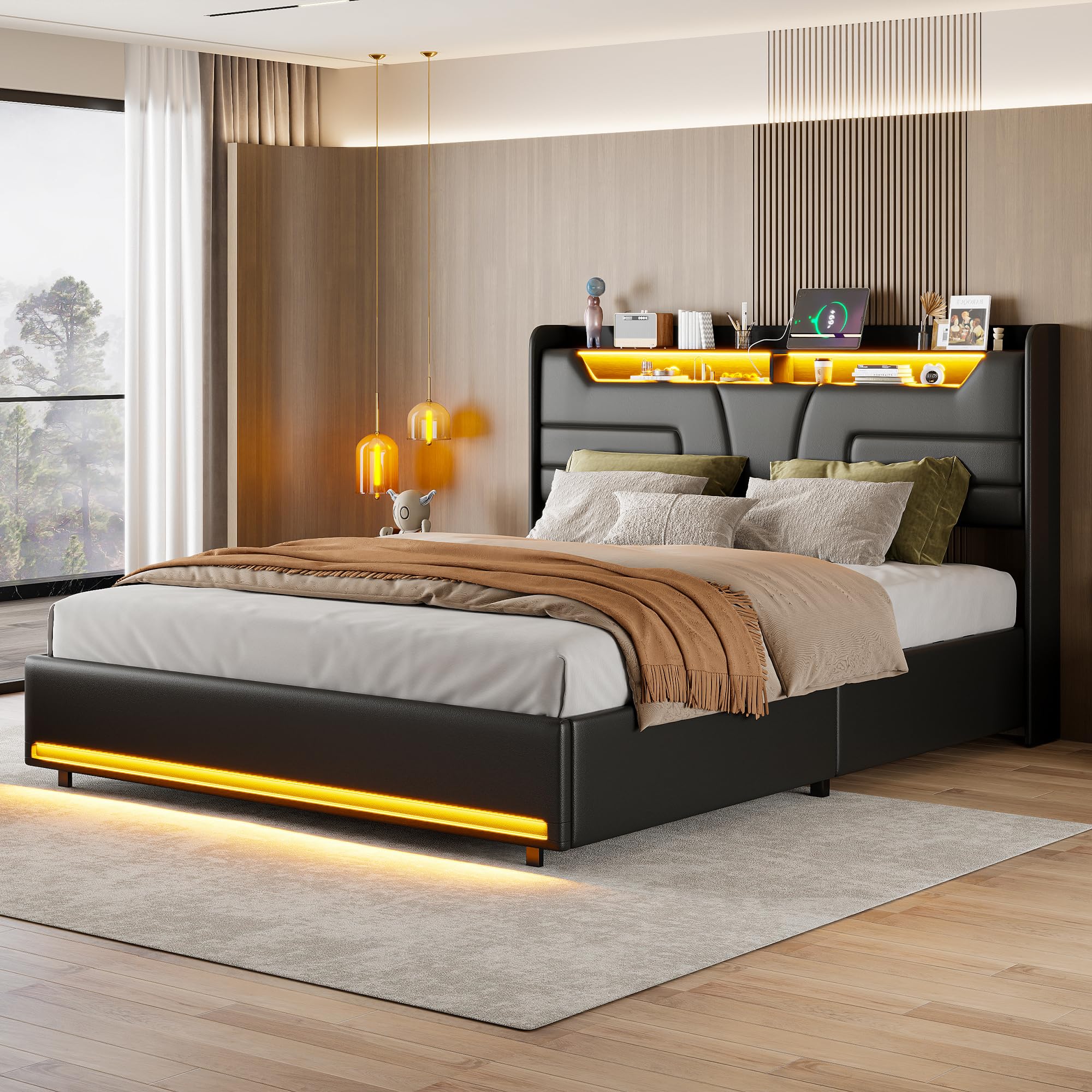Letto Matrimoniale 160x200 cm Imbottito con Contenitore, Sistema di Sollevamento a Gas, Tessuto in PU Nero, LED, Ricarica USB, Senza Materasso (Nero-C, 160x200cm)