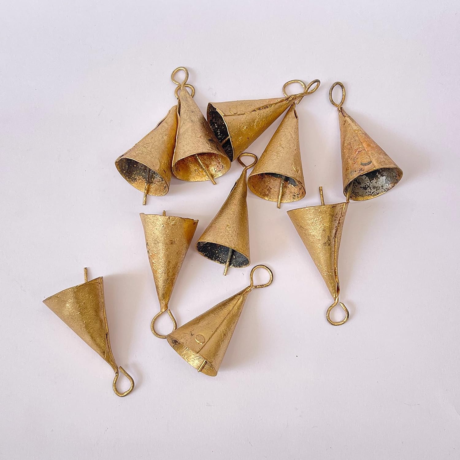 20 Pcs Small Gold Metal Craft Bells 2"– Rustic Cone Cow Bells for Crafts, Jingle Bells for Crafting, Christmas Bell Tree Ornaments, Witch Bells, Vintage Boho Decor, Garden Wind Bell, Sleigh