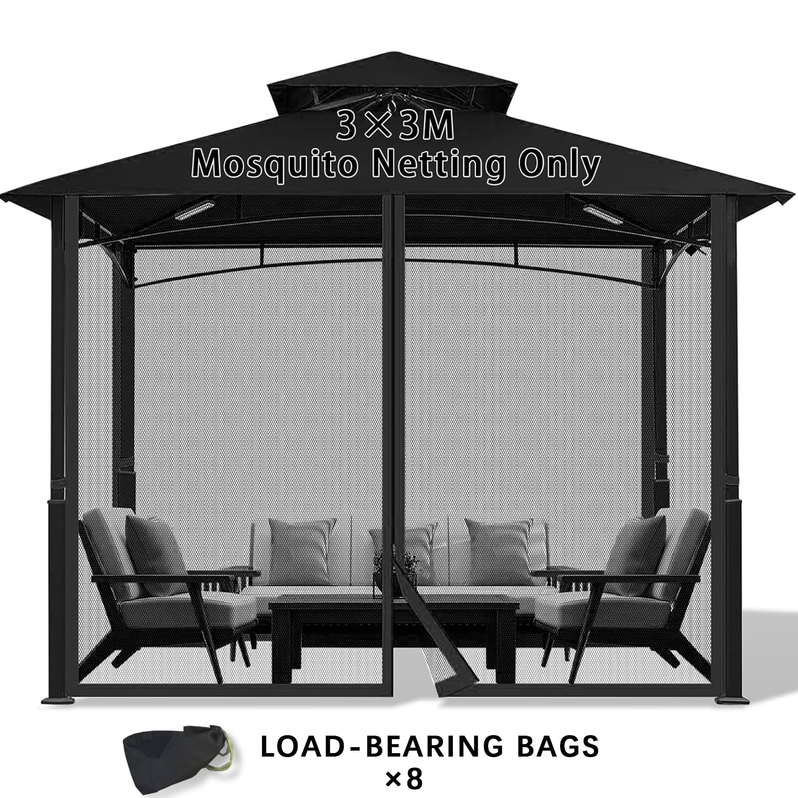 2025 Moskitonetz Outdoor,4-Teilige Sonnenschirm Mesh Moskitonetz Balkon mit Reißverschluss für Pavillon Balkon Wird mit Einer tragenden Tasche geliefert mit Gewichtsbeutel(schwarz, 300 cm x 300 cm)