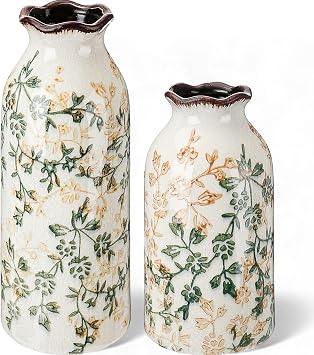 2 Pcs Vintage Floral Ceramic Vase, Chinoiserie Crackle Vase Decor for Gift