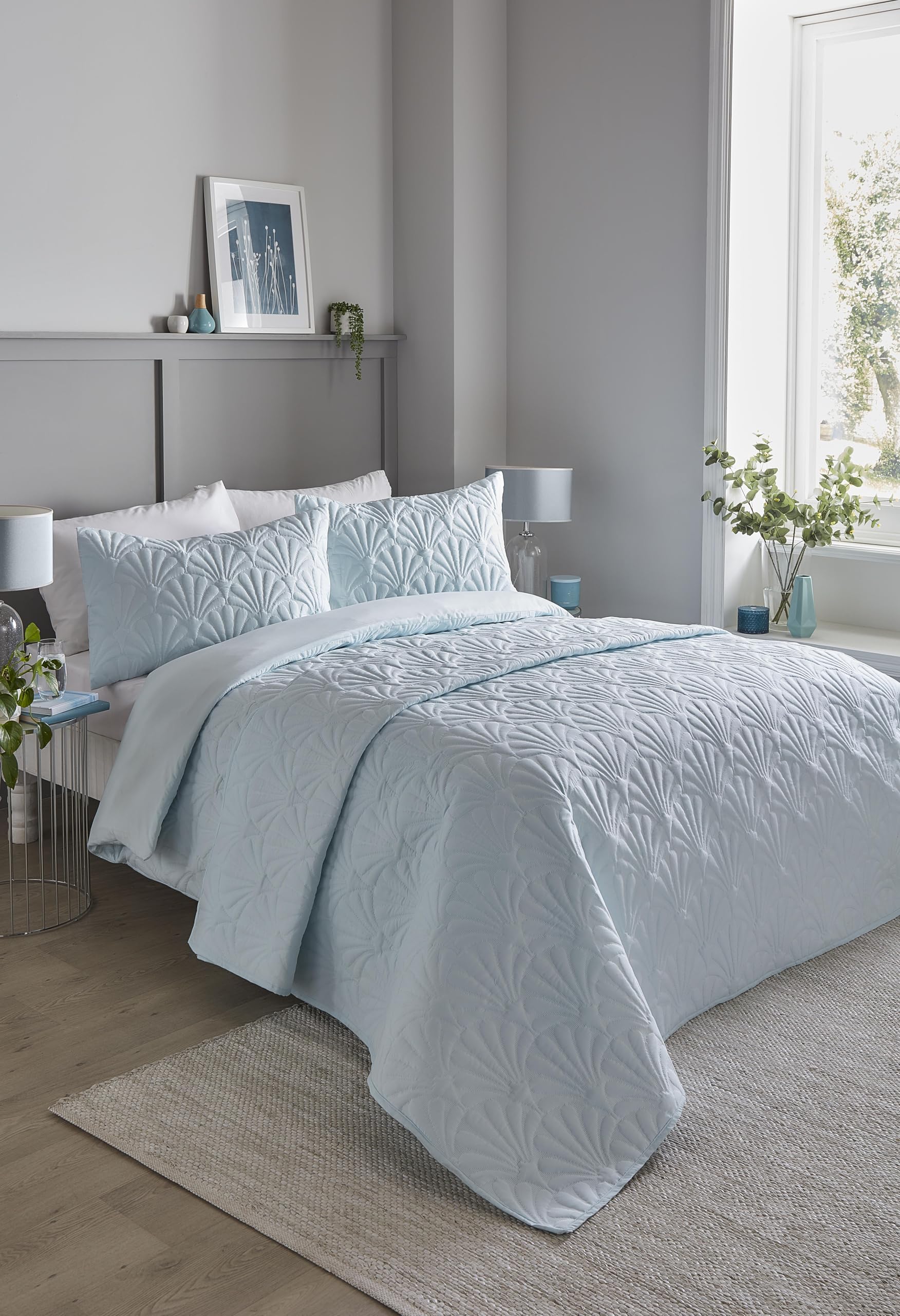 Serene - Duck Egg Blue Floral Embroidery Duvet Cover - King Bedding Size (230 x 220cm) - Luxury Bedding - Soft Touch - Pinsonic/Ultrasonic Pattern - Duck Egg Blue Embossed Duvet - Cavili Collection