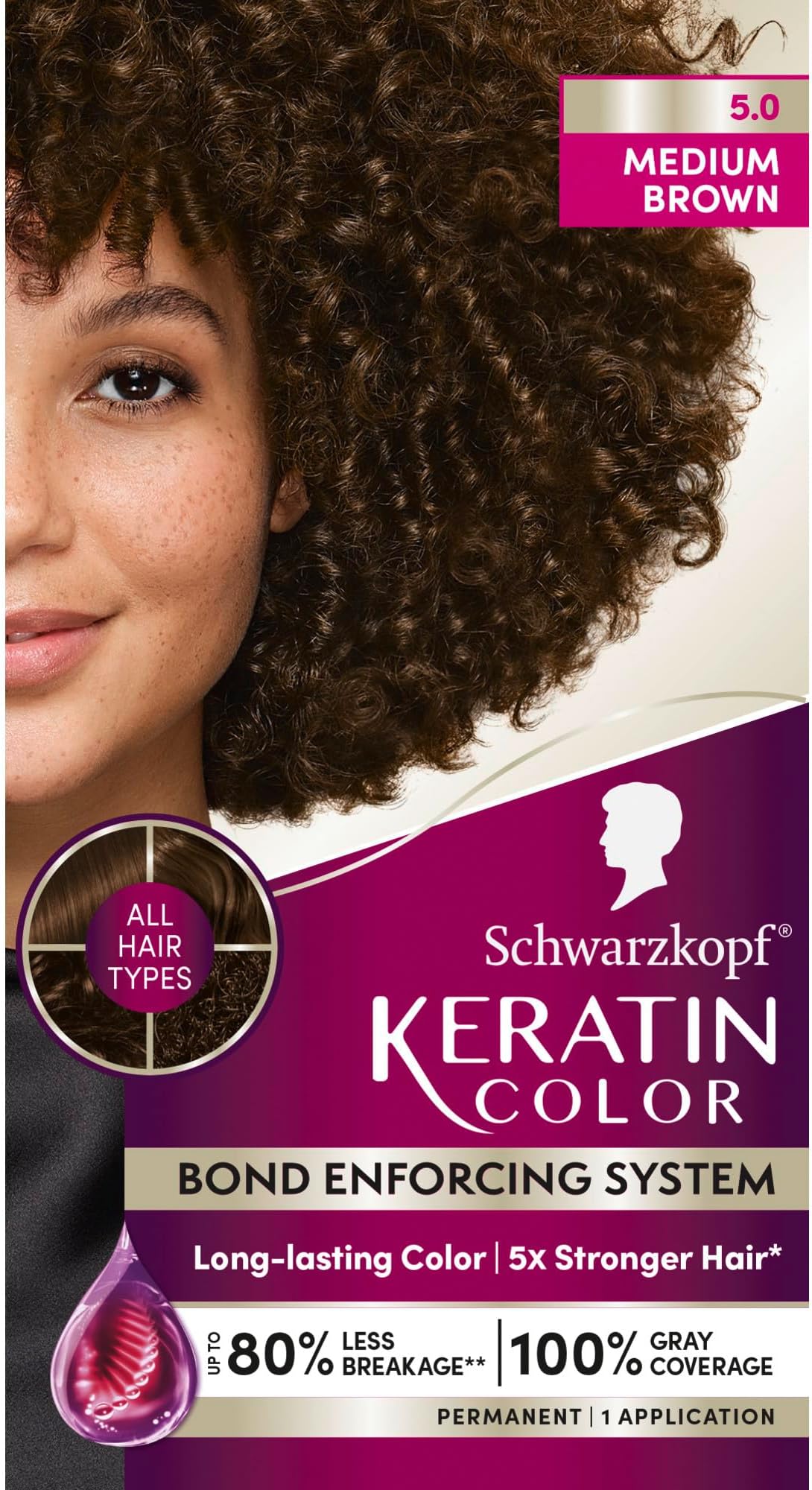 Schwarzkopf Keratin Permanent Hair Dye Cream, 5.0 Medium Brown, Professional Quality Color for Up to 100% Gray Coverage, Bond Enforcing System