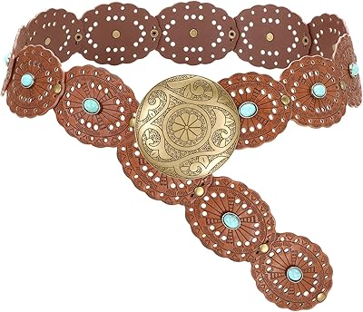 SUOSDEY Wide Western Disc Belt with Turquoise Women Cowgirl Cowboy Boho Country Leather Belts for Jeans Dress, Width 2.36"