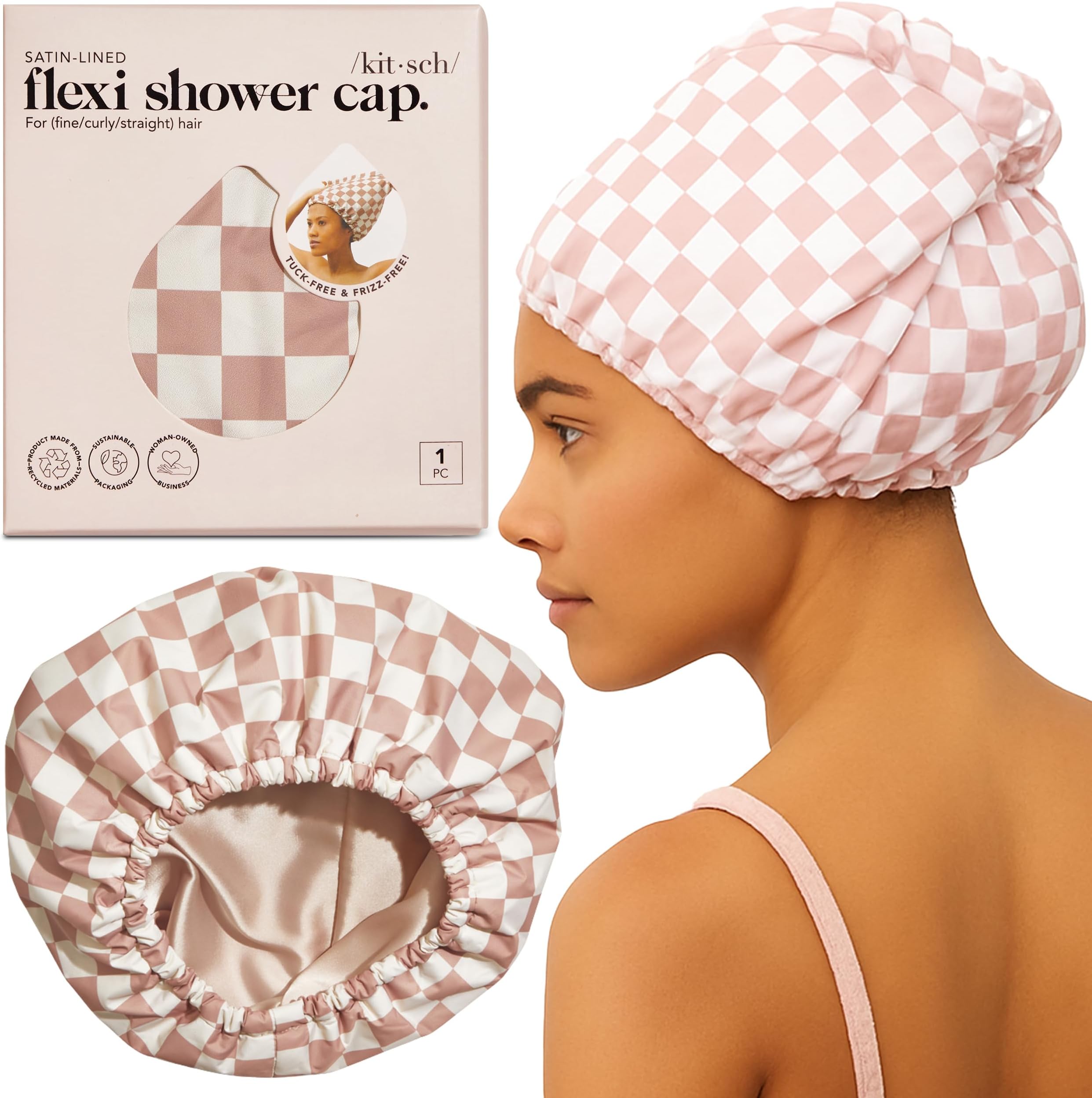 Luxury Satin-Lined Flexi Shower Caps for Women Reusable Waterproof - Large Wide Shower Cap for Women & Men, Adjustable, Stylish Hair Cap for Showers, For Long & Short Hair - Terracotta Checker
