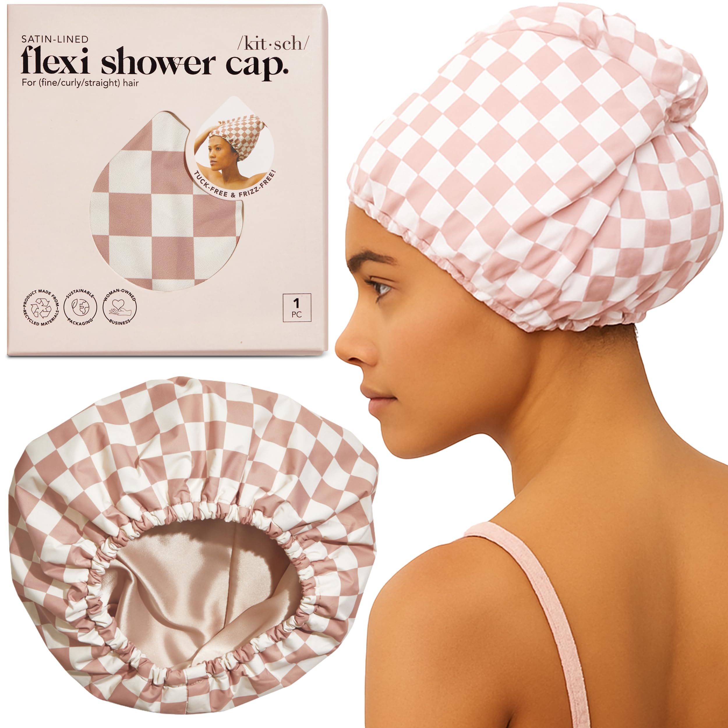 Kitsch Luxury Shower Caps for Women Reusable Waterproof - Flexi Satin Lined, Large Wide Shower Cap for Women & Men, Adjustable, Stylish Hair Cap for Shower, For Long & Short Hair - Terracotta CheckerOEKO-TEX STANDARD 100