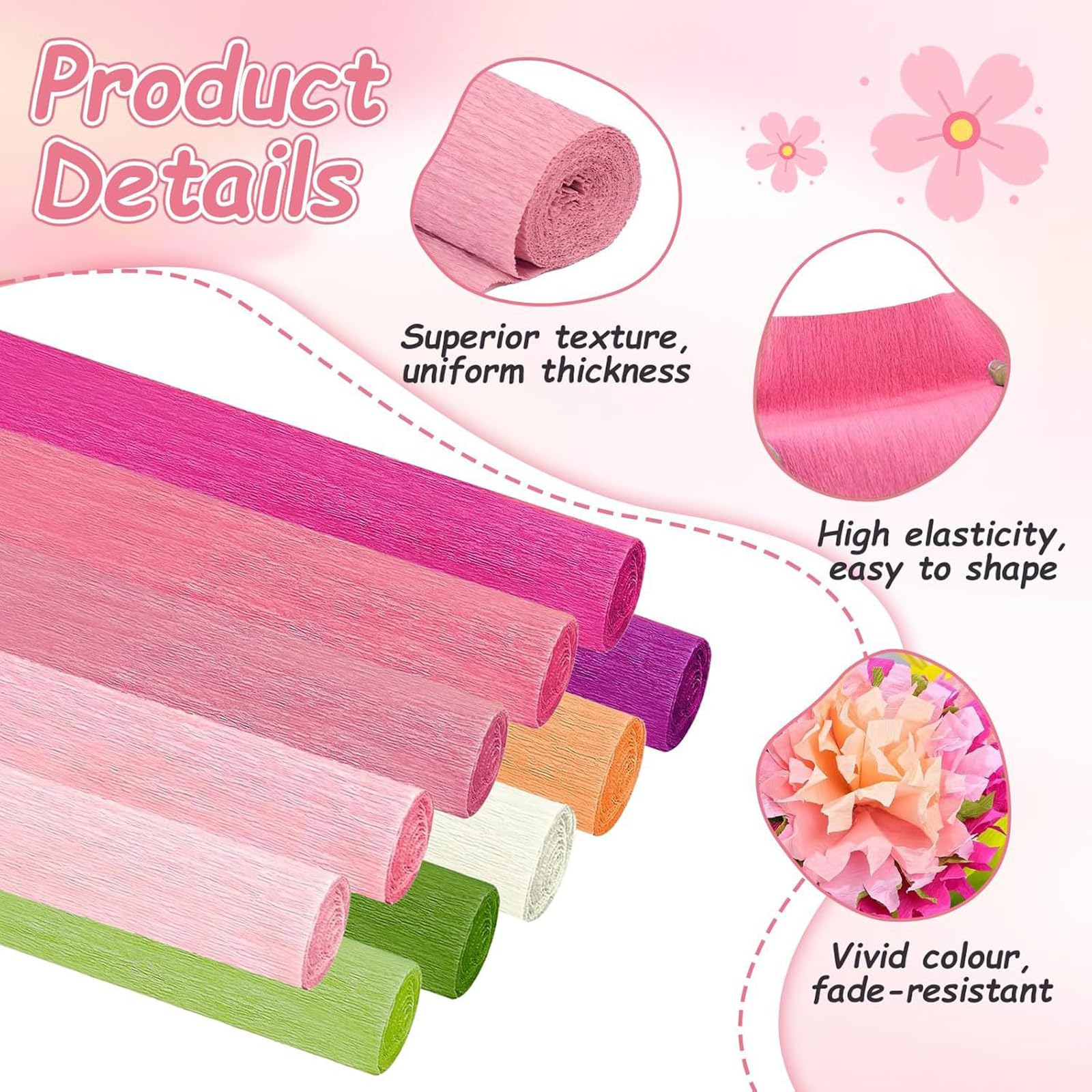 10 Rollen Krepppapier Rollen, Blumen Bastelset für handgefertigte Blumen mit komplettem Zubehör, einschließlich Draht und Klebeband Set Basteln von Papierblumen