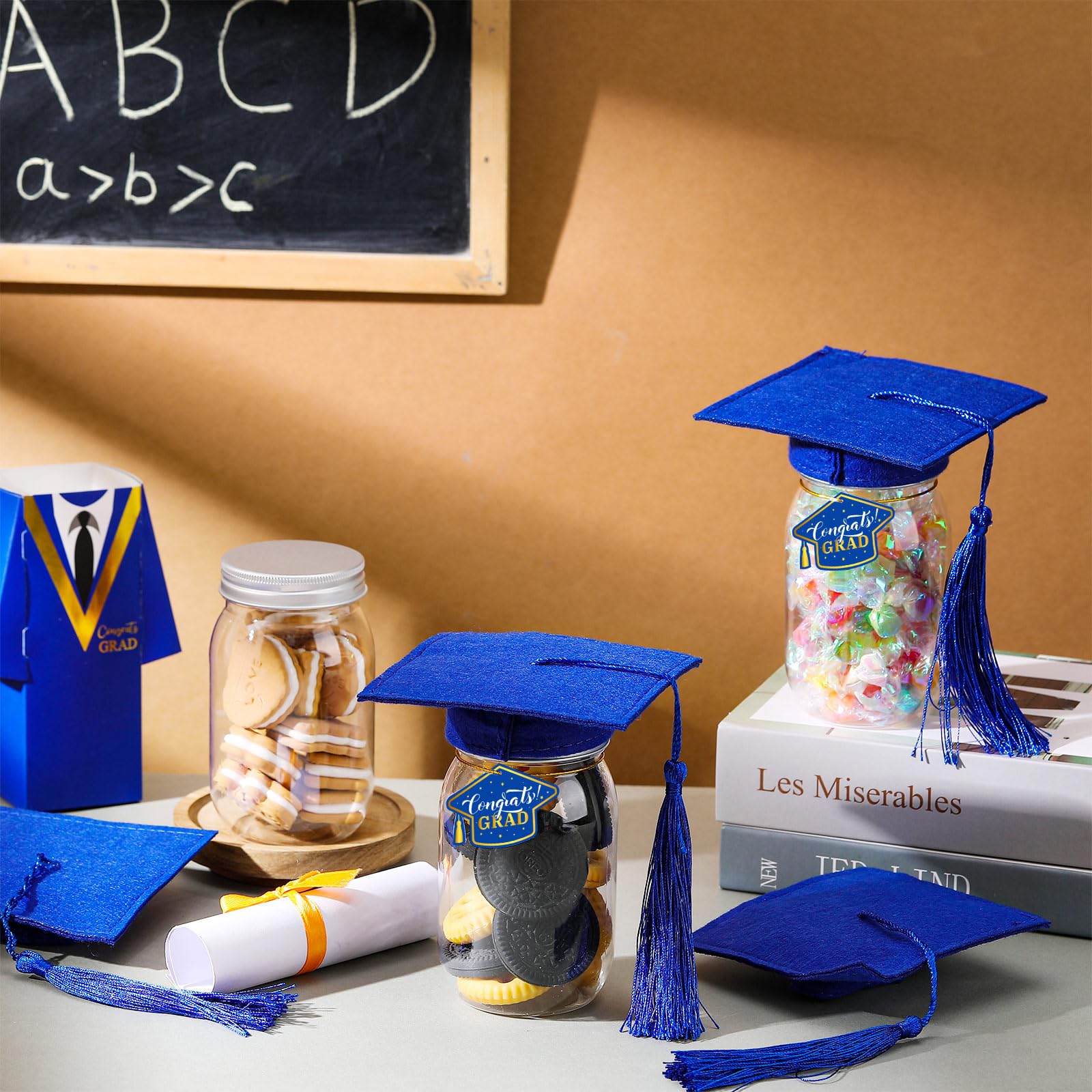 Newtay 12 Pcs Graduation Jar Clear Plastic Jars with Lids Plastic Mini Canning Jars with 12 Felt Mini Graduation Hat 12 Cards and 6 Ropes Mini Storage Containers Grad Party Supplies (Blue)