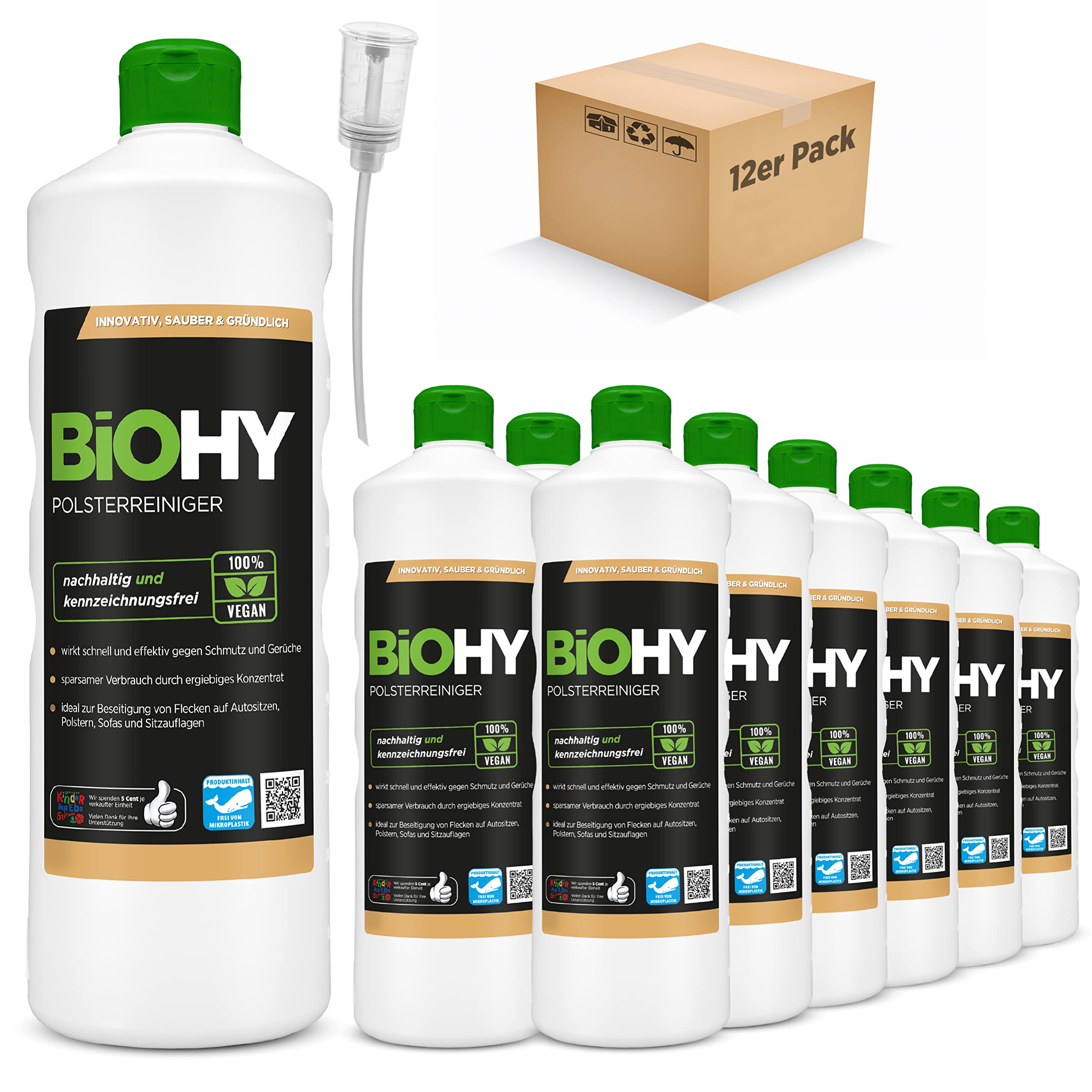 BiOHY Limpiador tapicerías (12 botellas de 1 litro) + Dosificador | Ideal para asientos de coche, sofás, colchones, etc. | También es adecuado para las lavadoras (Polsterreiniger)