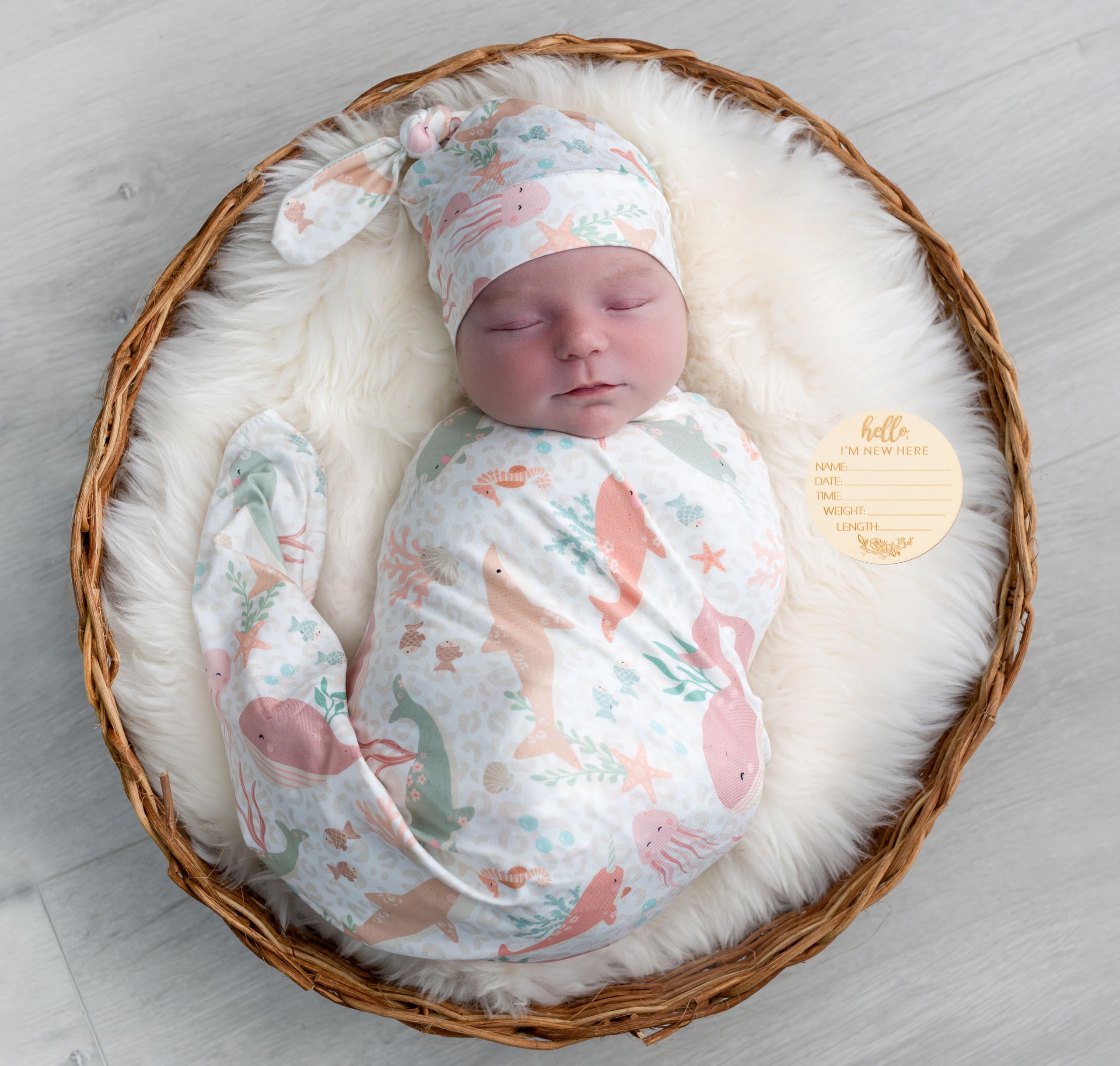 Newborn Swaddle Set, Pink Ocean Fish, Beanie and Headband