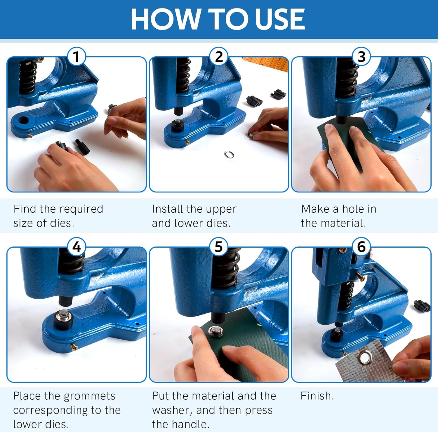 MYFULLY Hand Press Grommet Machine Kit Heavy Duty Industrial Eyelet Grommet Machine Punch Tool Kit Rivet Press Tool with 3 Interchangeable Dies (#0#2#4) and 1500 Silver Grommets (1/4", 3/8", 1/2")