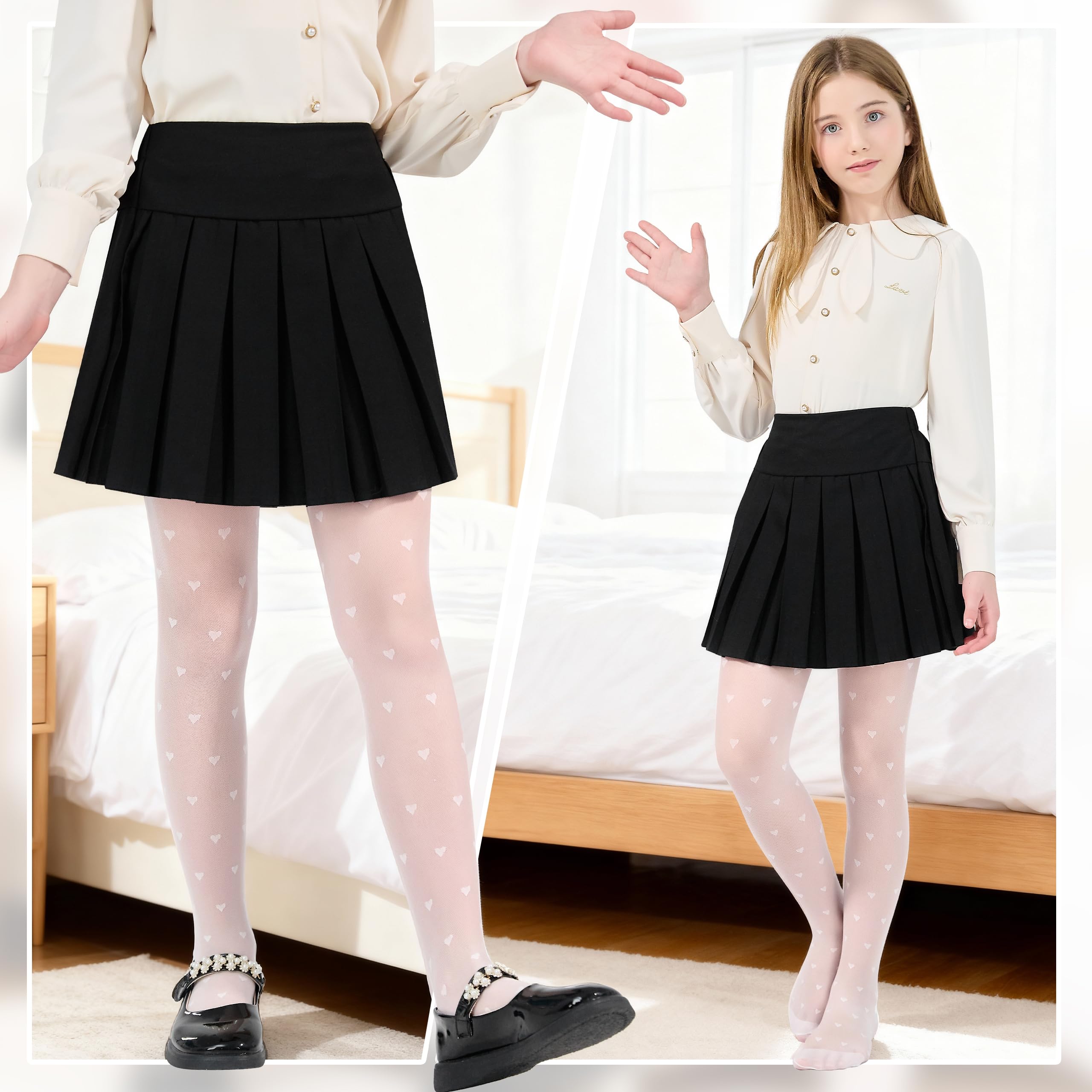 LOLANTA Girls Sheer Tights 2 Pack Heart Polka Dot Patterned Stockings Kids Soft Lightweight Stretchy Pantyhose 3-11Years