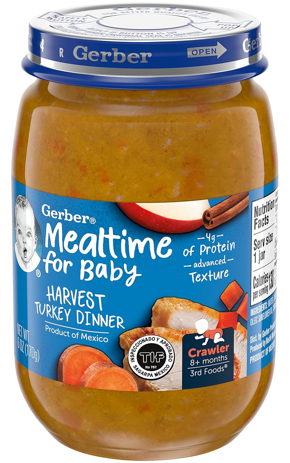 Gerber Mealtime for Baby 3rd Foods Baby Food Jar, Harvest Turkey Dinner, Advanced Texture with No Artificial Flavors or Colors, 6 OZ Glass Jar (Pack of 12)