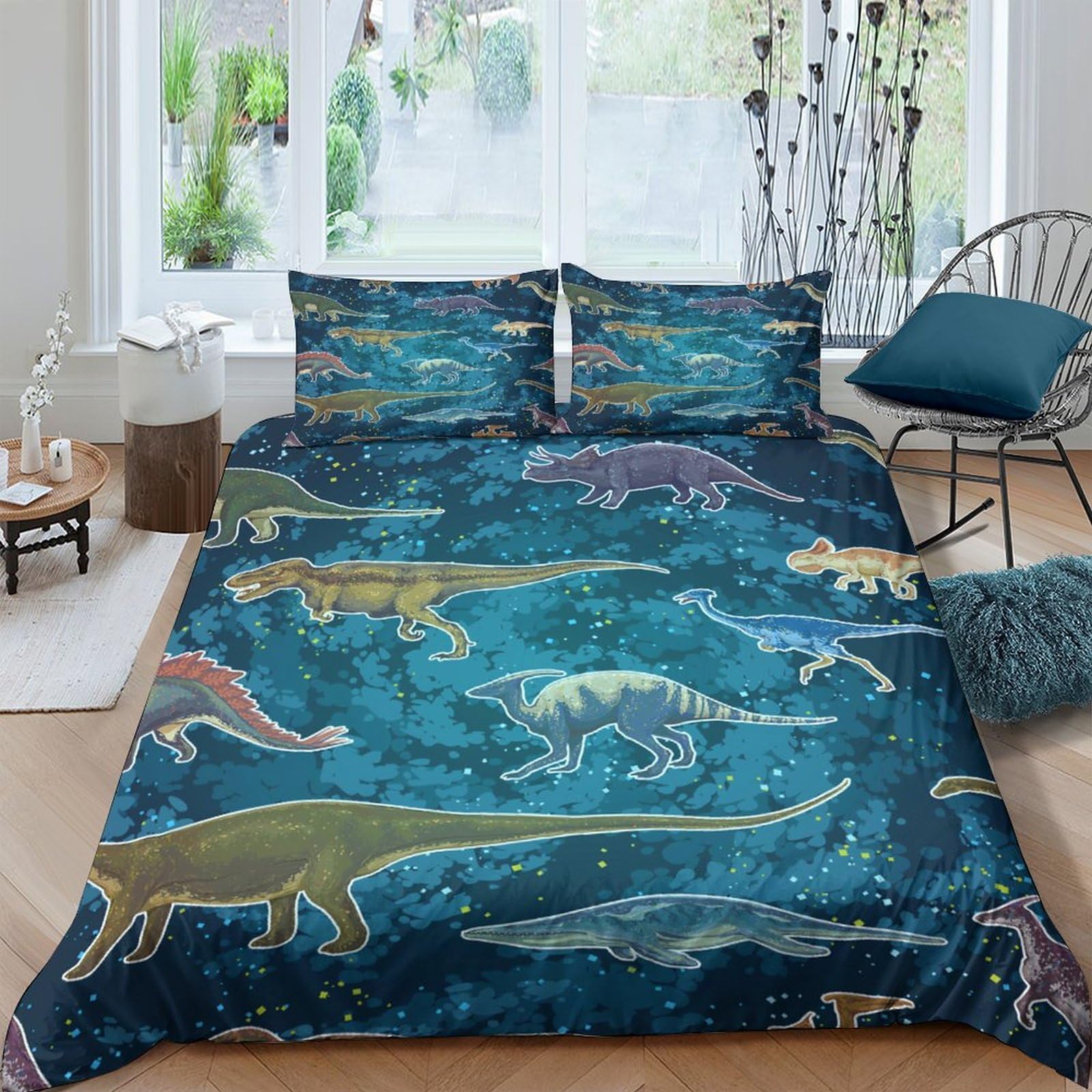 XFKLYNVCJ 3D Printed Dinosaur patterns Quilt Cover Polyester Colorful prehistoric Bed Cover Hypoallergenic Shrink Resistant for Young Adults Rental Apartment Bedroom Use Double（200x200cm）