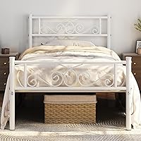 Yaheetech Twin Metal Platform Bed Frame with Scroll Headboard & Footboard, No Box Spring Needed, 12.6" Underbed Storage, White