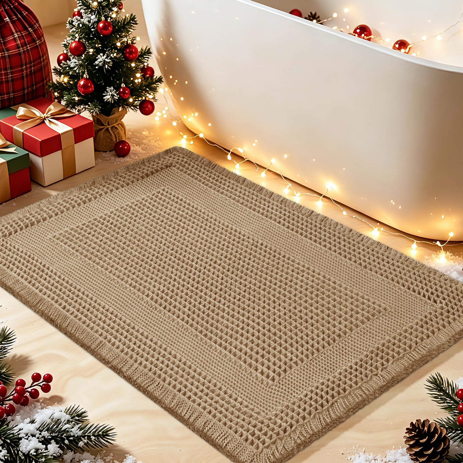 Upgrade Waffle Bath Mat, Boho Bathroom Rugs Absorbent Non Slip, Ultra Soft Bathroom Mat, Machine Washable Knit Bath Rugs with Tassels for Bathroom, Bedroom, Kitchen, Shower, Tub, Beige, 36"x24"