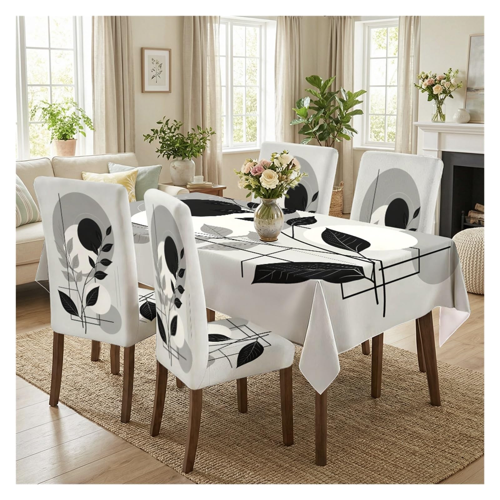 KXUAUV Stretch Dining Chair Slipcover & Tablecloth Set, Black White Geometric Leaf Print, 5/7 Pack, Modern Minimalist Neutral Home Decor Party Decor(5pcs Set: Tablecloth+Chair Covers)
