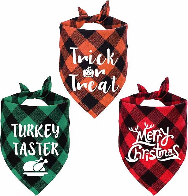STMK Holiday Plaid Dog Bandanas, Halloween Thanksgiving Day Christmas Trick or Treat Turkey Taster Merry Christmas Dog Bandana for Halloween Thanksgiving Day Christmas Dog Puppy Costume Decorations