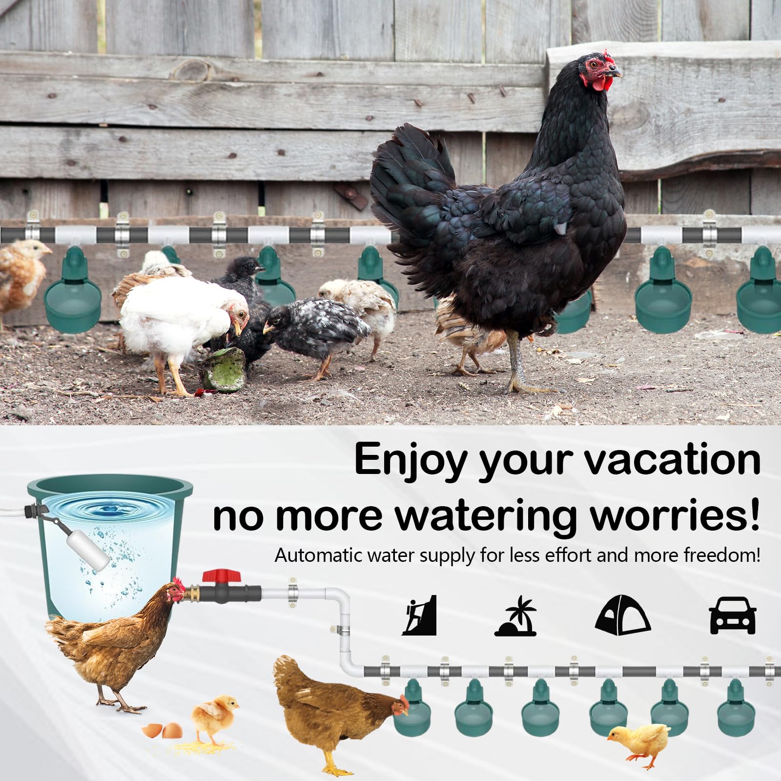 Bebedero para Gallinas, Bebedero Automático para Aves de Corral y Taladro Agua para Pollos con 9 bebederos y 10 Tubos de Agua Kit para Aves Palomas Pollos Suministros Comedero de Pollo (Sin Balde)