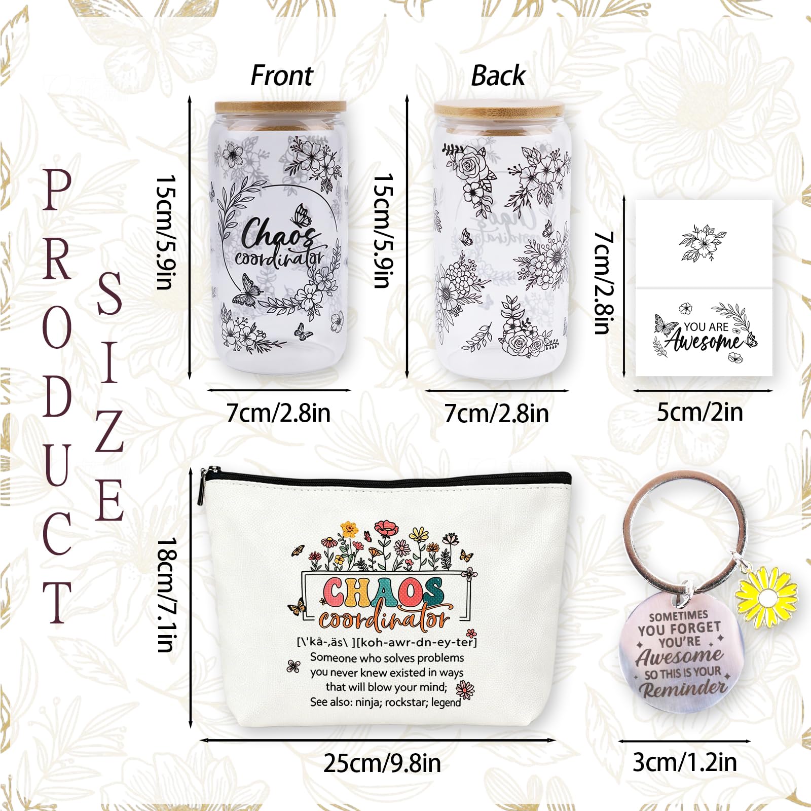 Chaos Coordinator Gifts for Women, Thank You Gift Set with 16OZ Glass Cup Makeup Bag Keychain and Card for Coworker Employee Manager Boss, Mothers Day Birthday Gifts for Mom Teacher