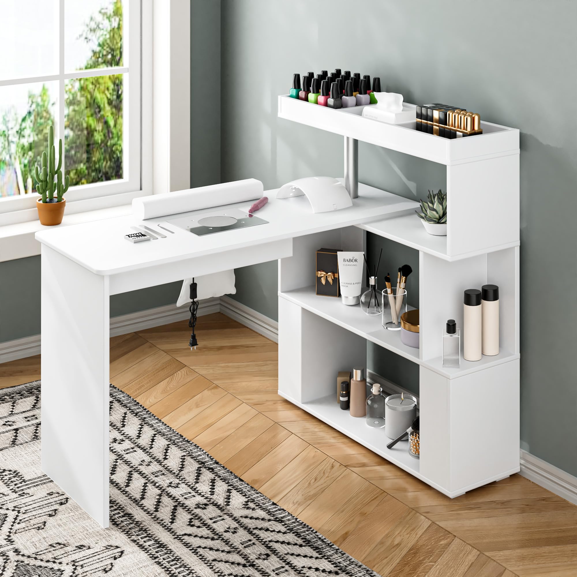 MoraRise Nail Desk,L-Shaped Professional Manicure Table with Electric Dust Collector & 4 Dust Bags,Reversible Rotating Nail Station Beauty Tech Desk with Wrist Rest & Open Storage Shelf (White)