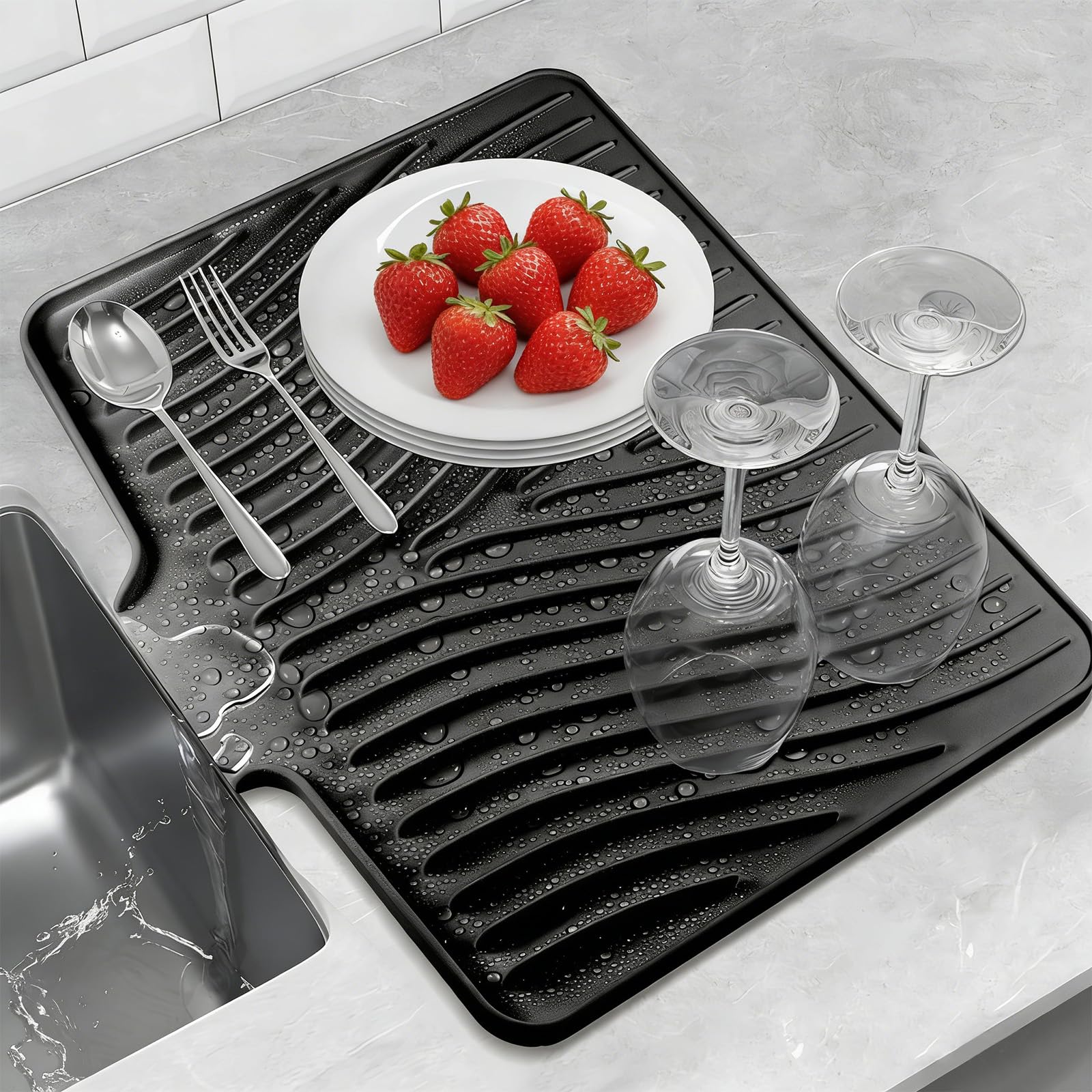 BeauFairy 40*33*1.5cm Silicone Dish Drying Mat, Draining Mat for Kitchen Counter, Heat Resistant Drainer Mat, Reusable Non-Slip Silicone Table Mat, Pot Holder, Placemat, Spoon Rest, Coaster, Black
