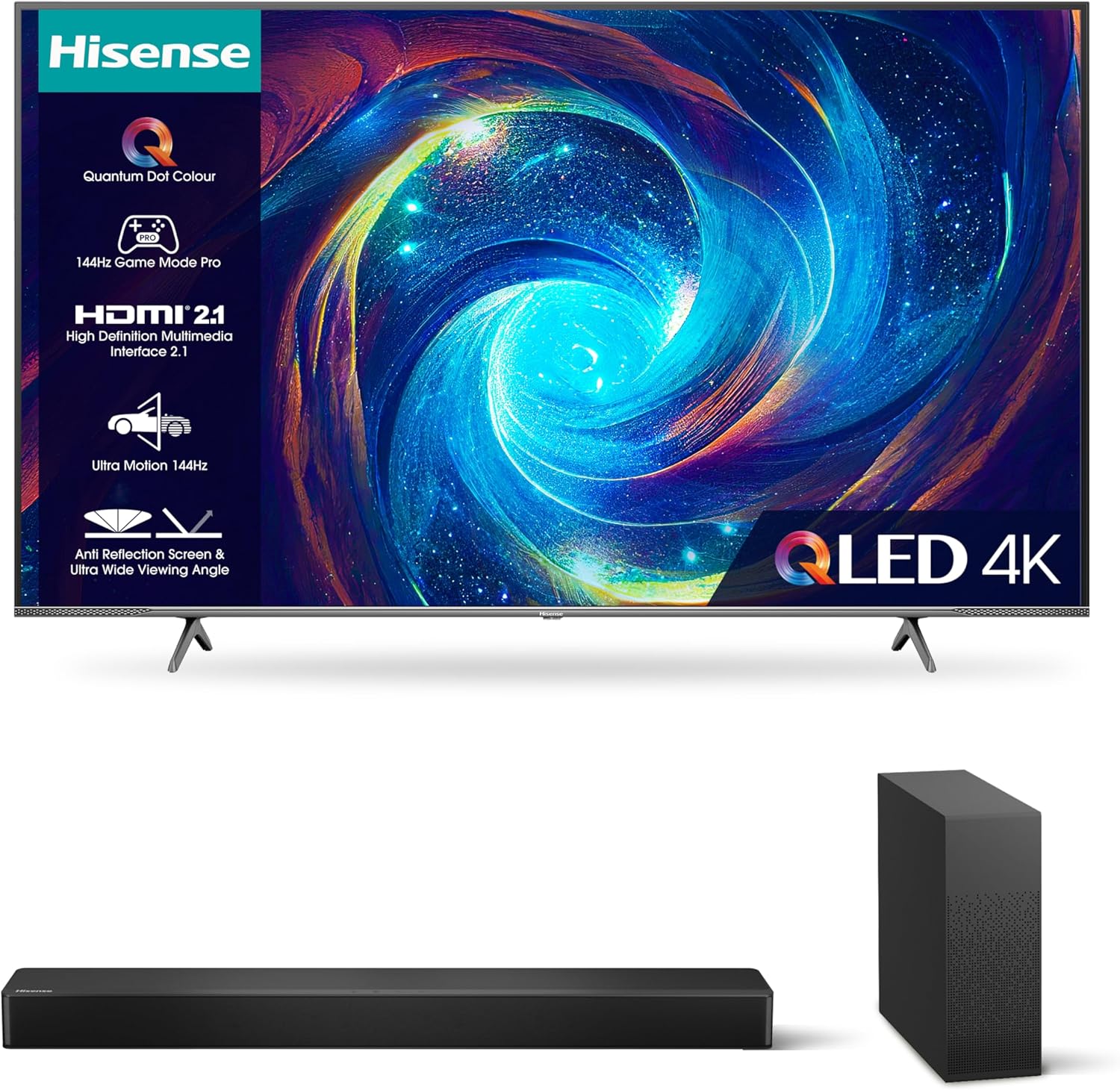 Hisense 4K 144Hz QLED TV E7K PRO and HS2100 with 240W Max Audio and Wireless Subwoofer &EZ Play