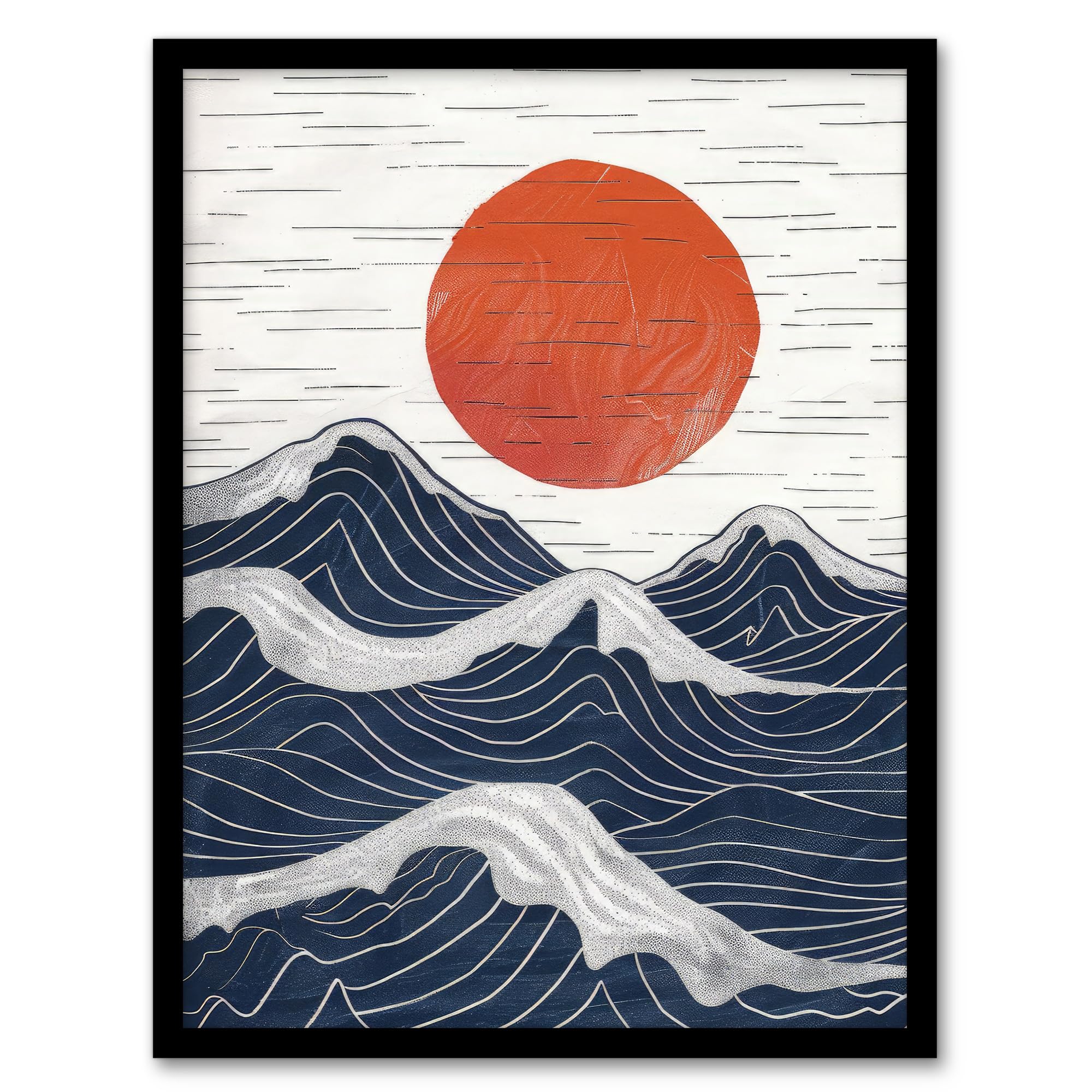 Artery8 Abstract Sunset Seascape Waves Sun Painting Living Room Bathroom Artwork Framed Wall Art Print A4