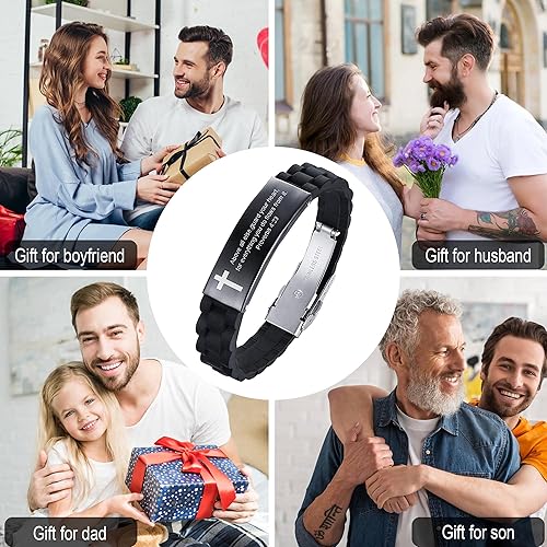 Miniatura 2 de MEALGUET Pulsera de cruz negra con cita religiosa, con texto de la Biblia cristiana, con texto en inglés "Cita religiosa", para hombres, para el