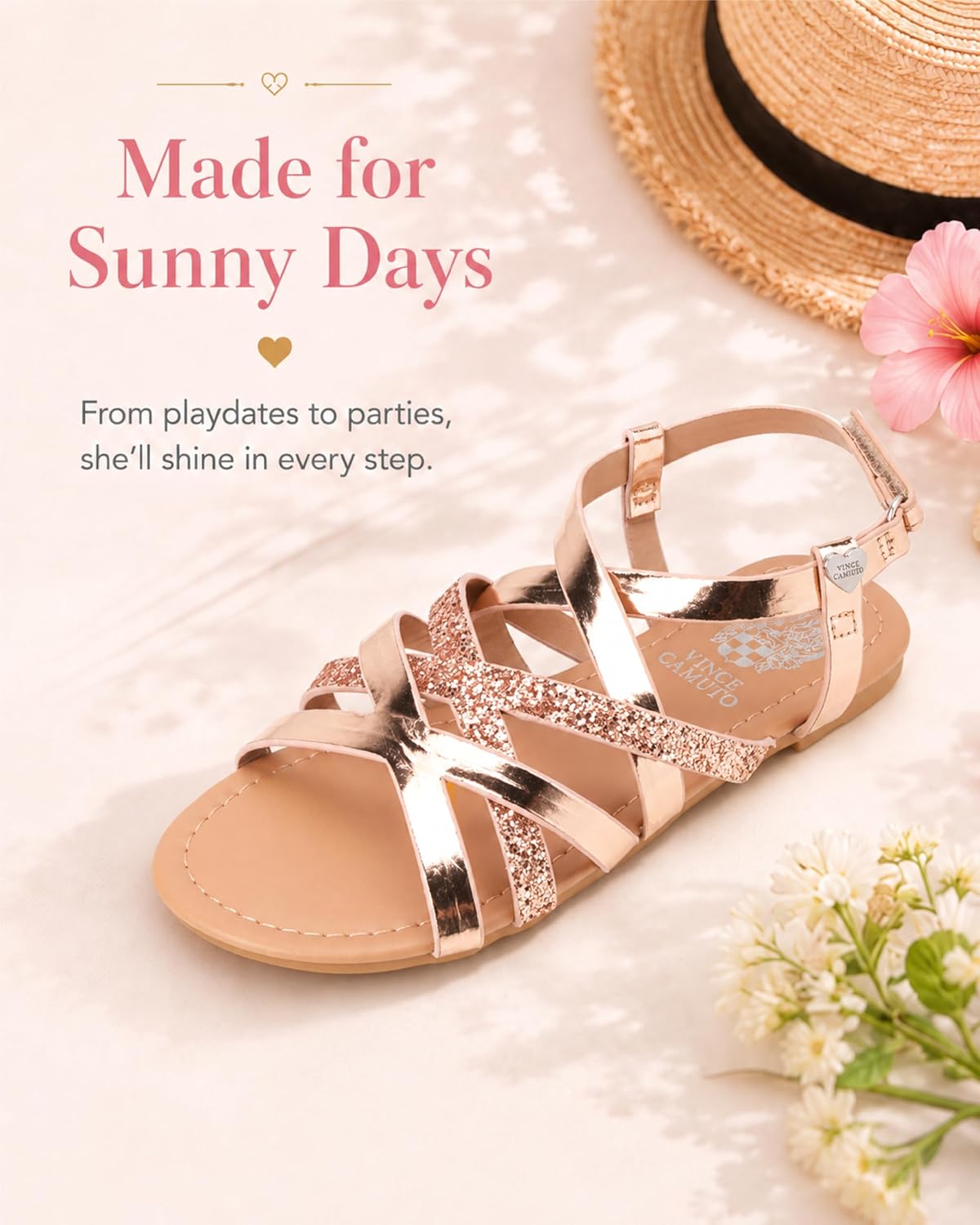 Vince Camuto Girls' Sandals - Open Toe Summer Strappy Flat Dress Shoes with Glitters and Secure Hook and Look Closure