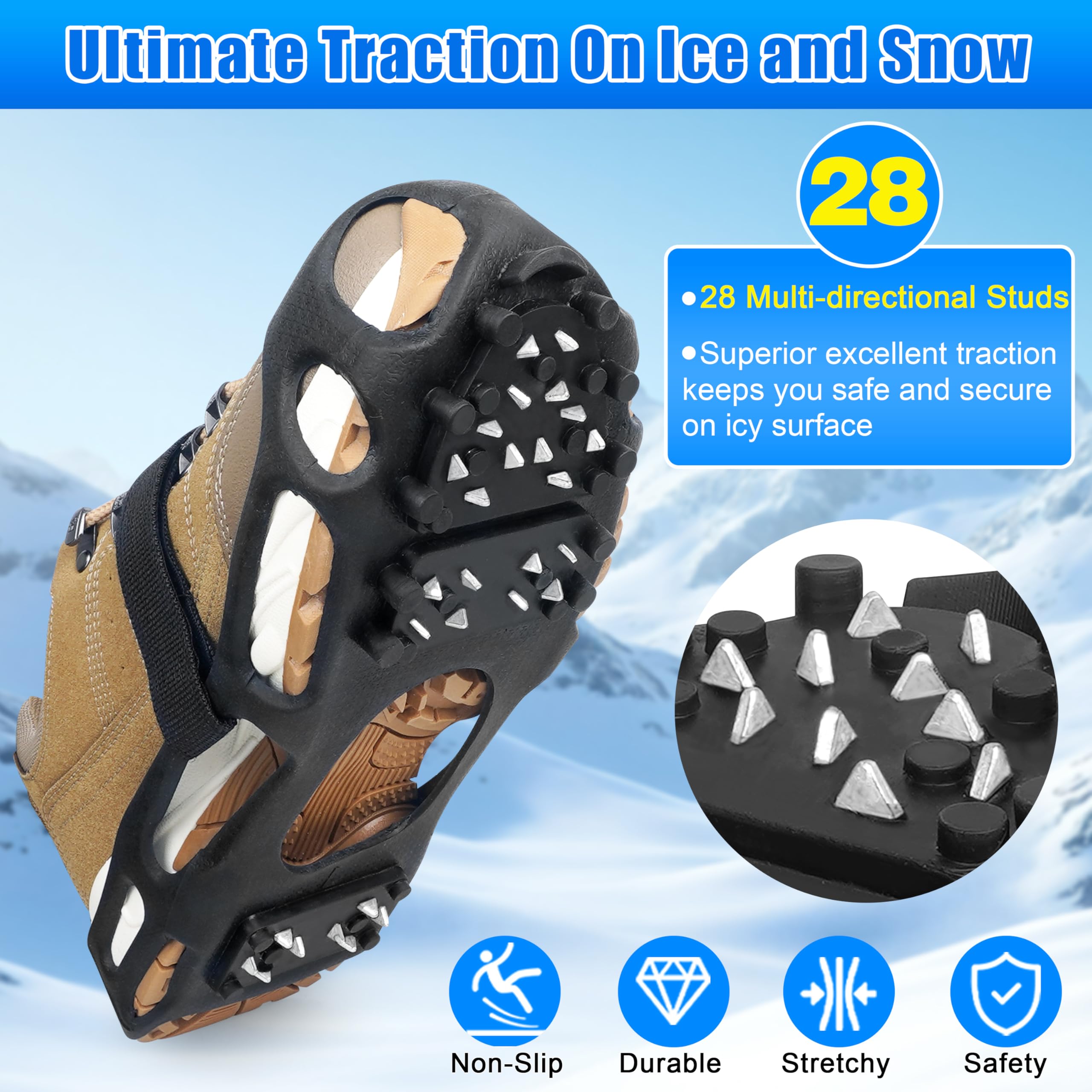Tacchetti da ghiaccio da neve, ramponi da ghiaccio per scarpe e stivali, unisex, antiscivolo, 28 tacchetti per neve, ghiaccio, escursionismo, passeggiate, pesca