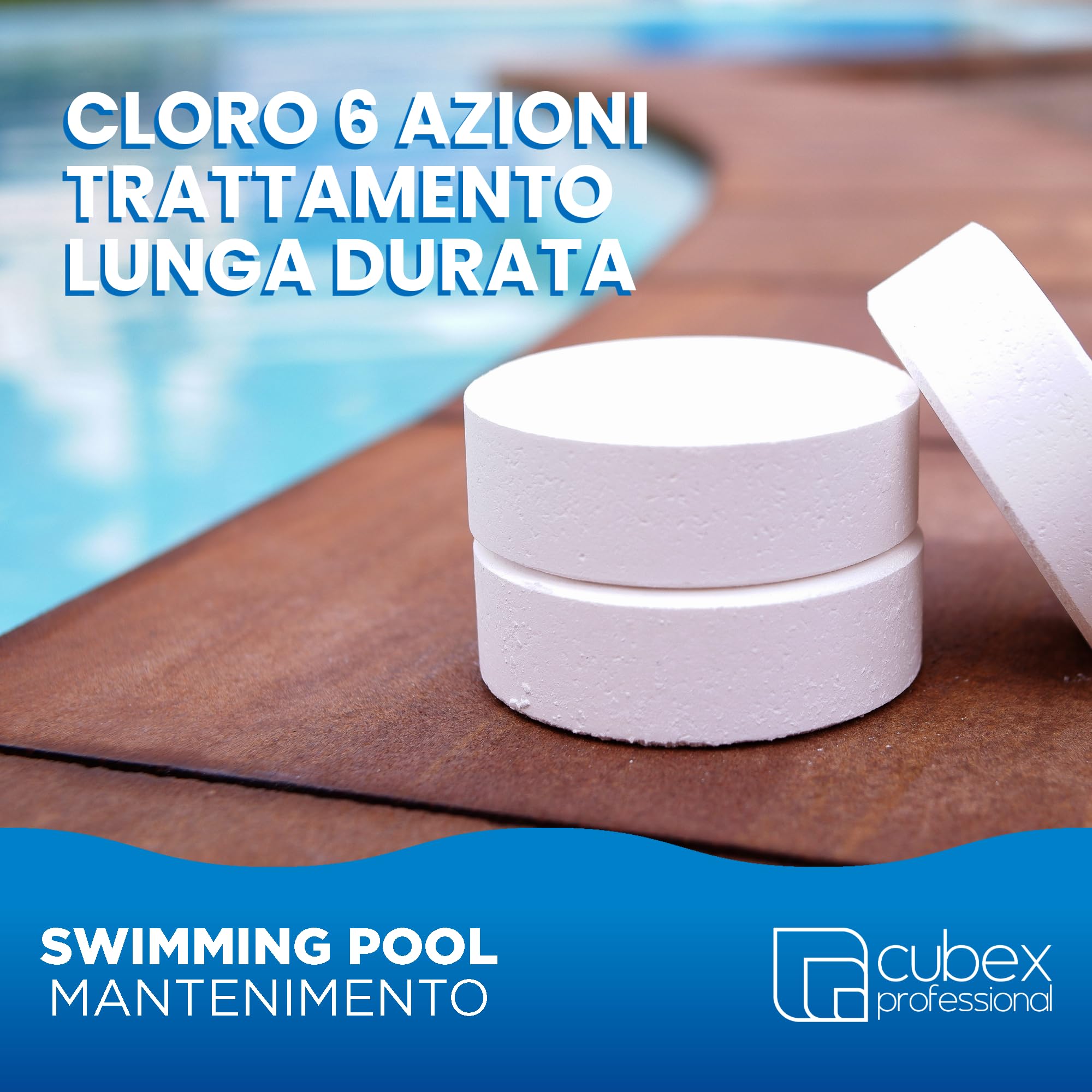 Cubex Professional ACL Multiplus 10 kg | 50 pastiglie da 200 g | Pastiglie cloro piscina multifunzione 6 azioni| Donatore di Cloro| Antialghe| Flocculante| Chiarificante| Stabilizzante| Igienizzante