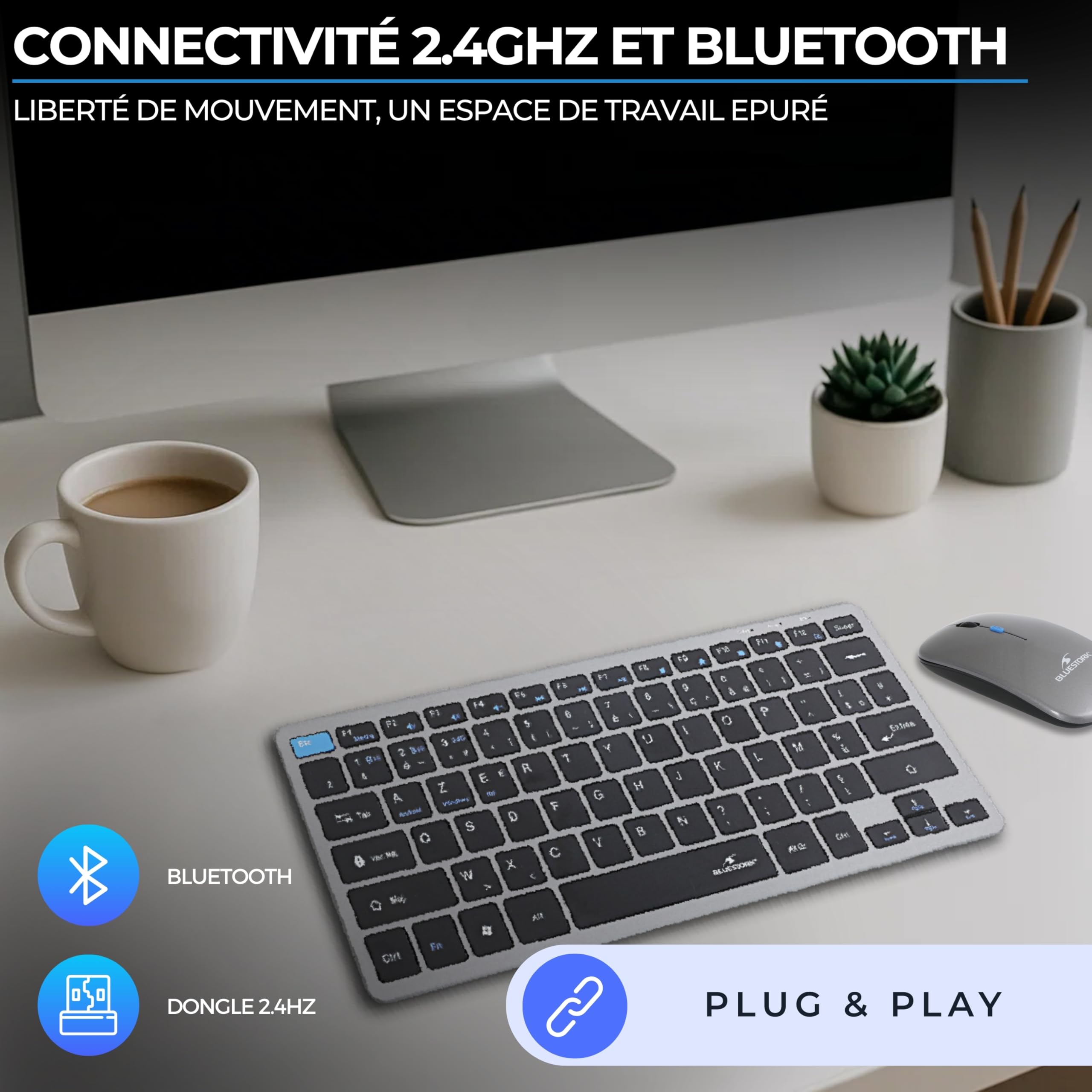 Bluestork Pack Mini V2 - Clavier & Souris sans Fil Rechargeable | AZERTY FR, Sans Fil Double Connexion 2.4GHz & Bluetooth, Clavier Compact + Souris 1600 DPI, 80H Autonomie