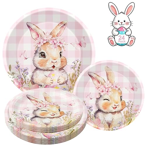 24 Pcs Easter Plates - Spring Flowers Buffalo Plaid Easters