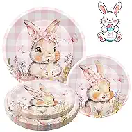 24 Pcs Easter Plates - Spring Flowers Buffalo Plaid Easters Rabbit Paper Plate, Pink Cute Bunny Dinner Dessert Plates Disposable Round Tableware Set for Happy Easter Table Decorations Party Supplies
