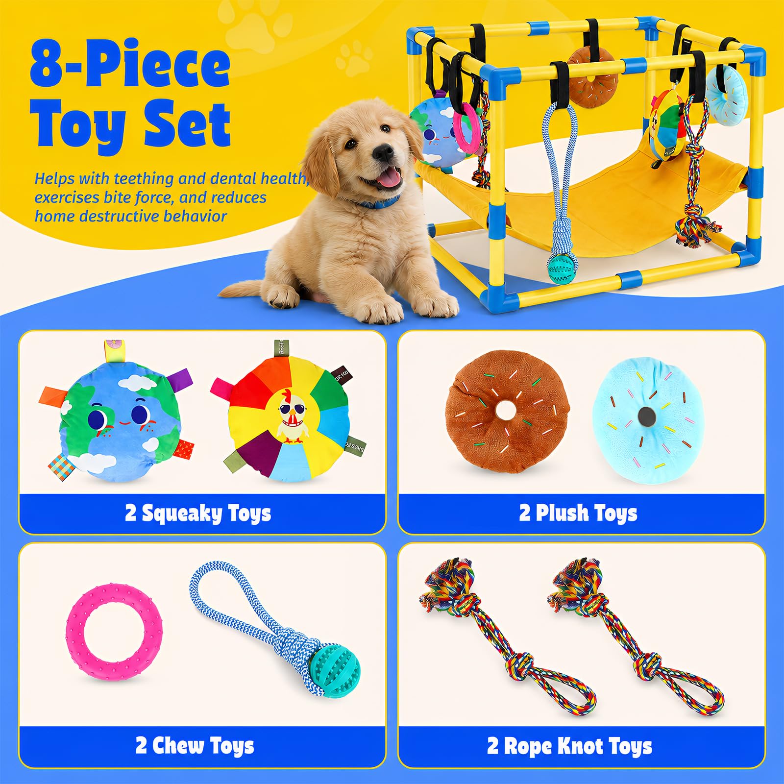 Parco giochi per cuccioli con 8 giocattoli da appendere | Struttura da gioco per cani di piccola taglia, con telaio in PVC, amaca per calmare e addestramento