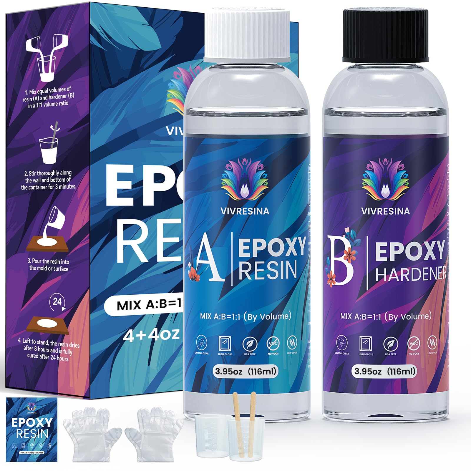 Epoxy Resin Kit Starter Crystal Clear Epoxy Resin for Beginners, Food Safe No Bubble Fast Curing No Yellowing, for Casting Coating Art DIY Craft Jewelry Making, Keychains, 7.9 OZ