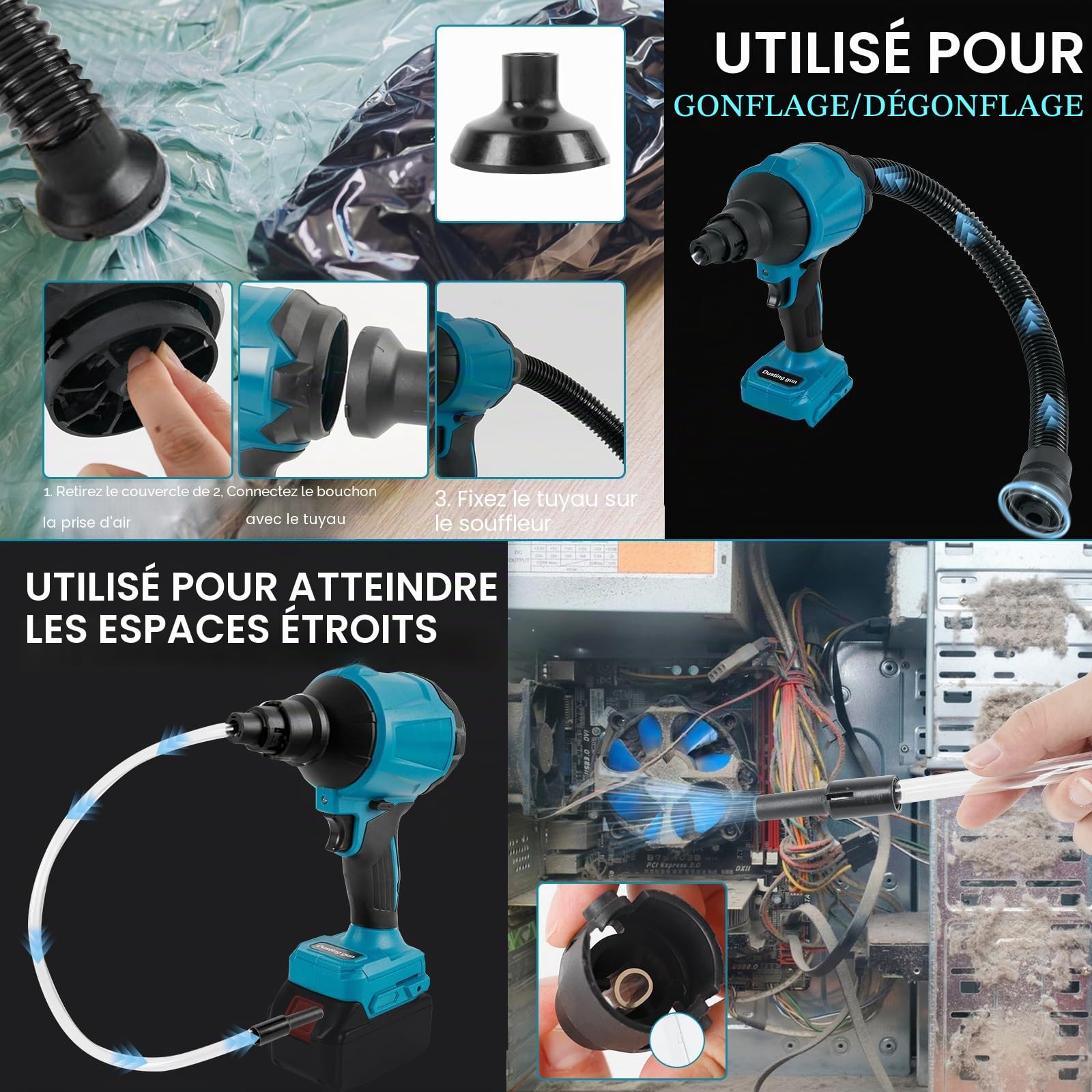 Souffleur à poussière sans Fil pour Makita 18 V, Vitesse Variable 1 000 W, dépoussiéreur à air comprimé portatif avec lumière LED et 8 Buses, 40 000 TR/Min pour garages ateliers (Pas de Batterie)