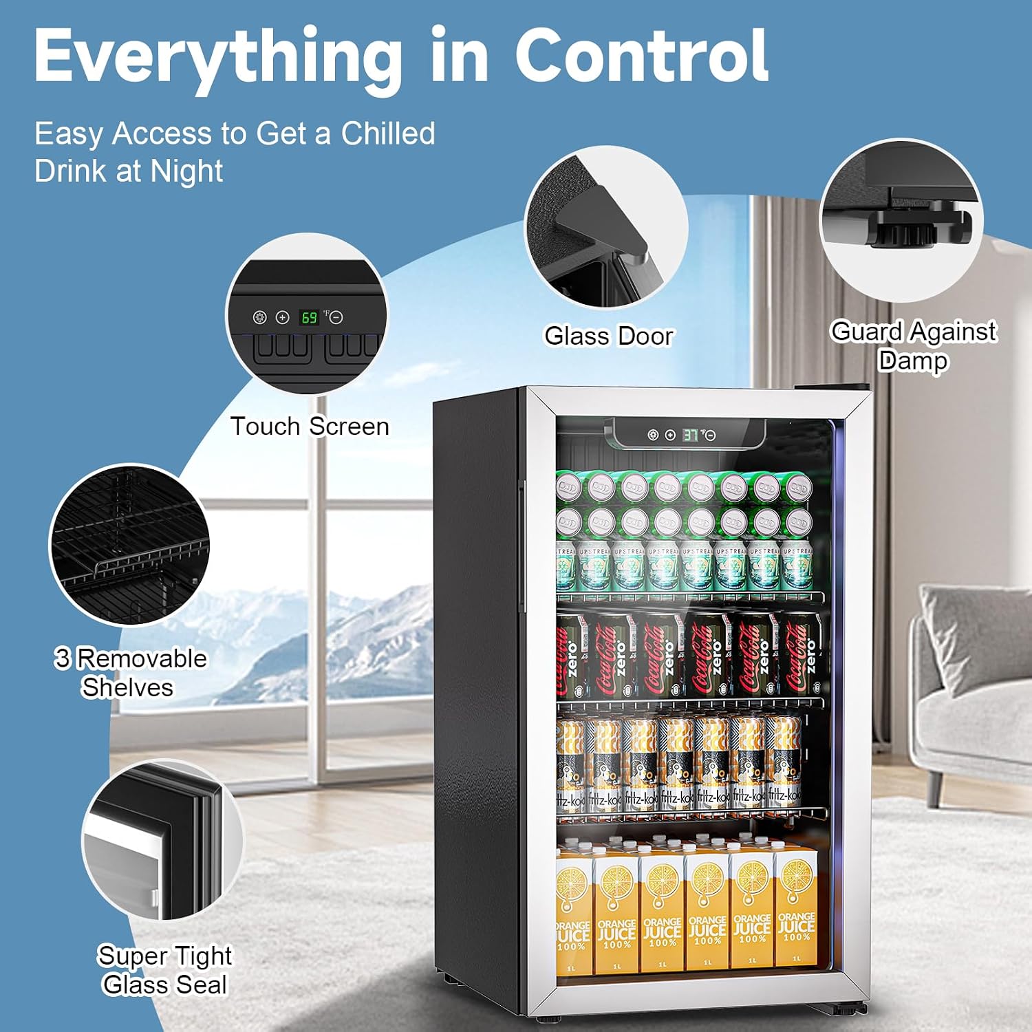 DOGHLY 3.1 Cu.ft Beverage Refrigerator Cooler, 110 Can Mini Fridge with Glass Door, Digital Temperature Display for Soda, Beer or Wine For Office Bar with Adjustable Removable Shelves