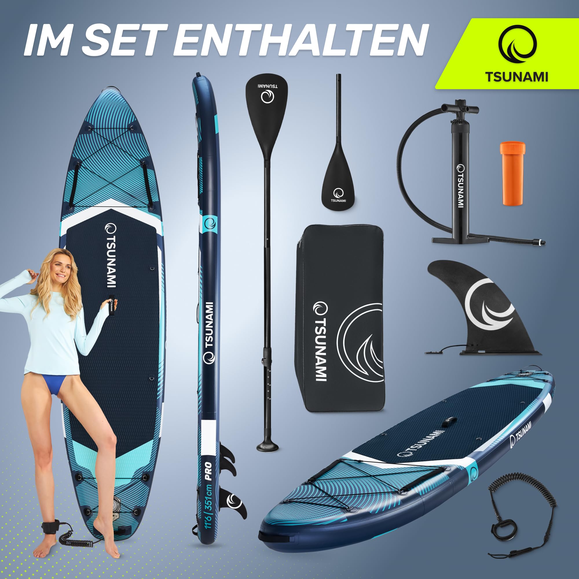 TSUNAMI Stand Up Paddling Board PRO, SUP-Board mit Komplettes Zubehör, Pumpe und Sicherheitsleine, Tragkraft bis 160kg, Länge 350cm, Doppeltes Material und zusätzliche interne Verstärkungen