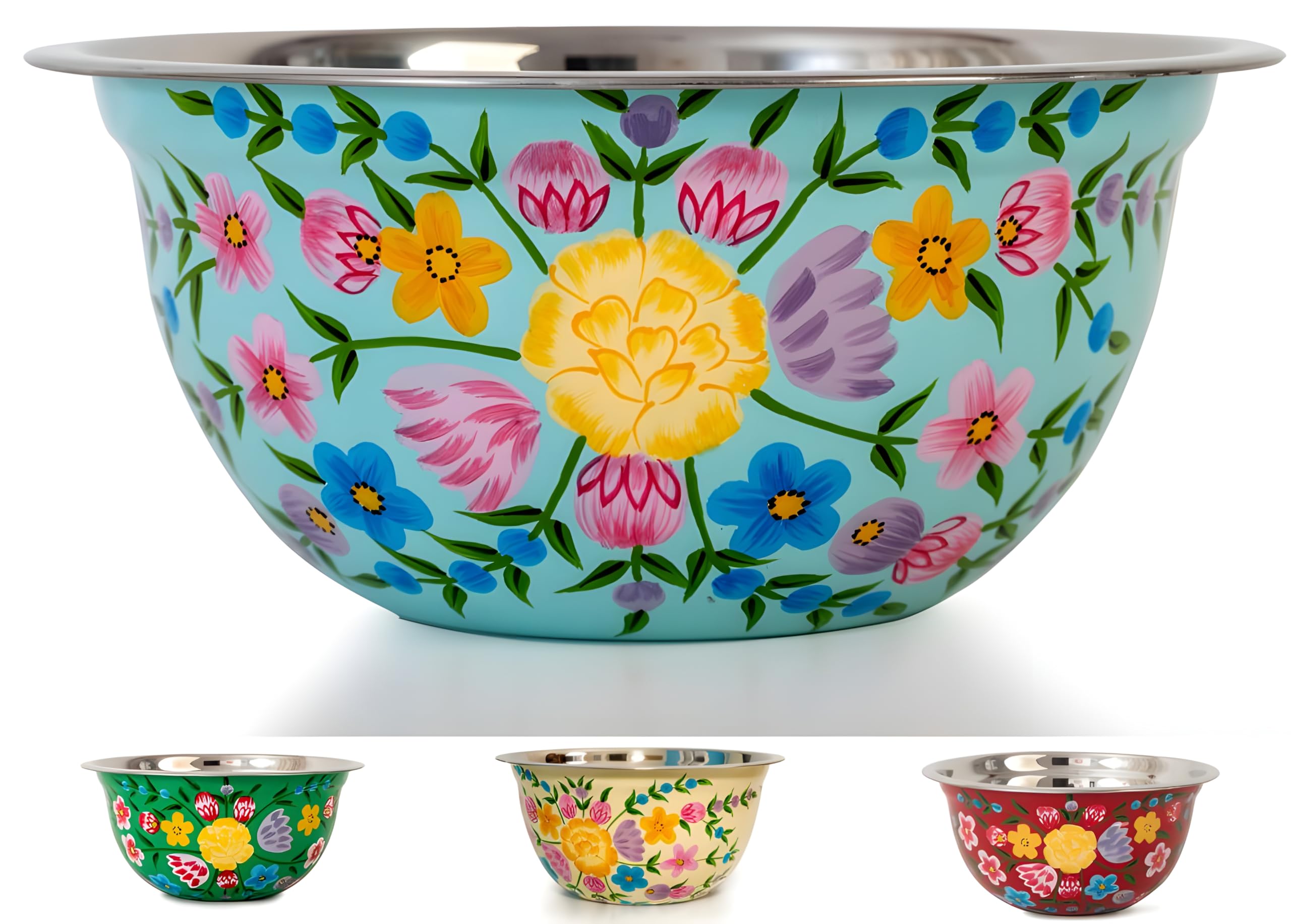 Large Hand Painted Stainless Steel Fruit Bowl - Decorative Floral for Salad Mixing and Serving - Traditional Kashmiri Art for Home Decor (Turquoise)