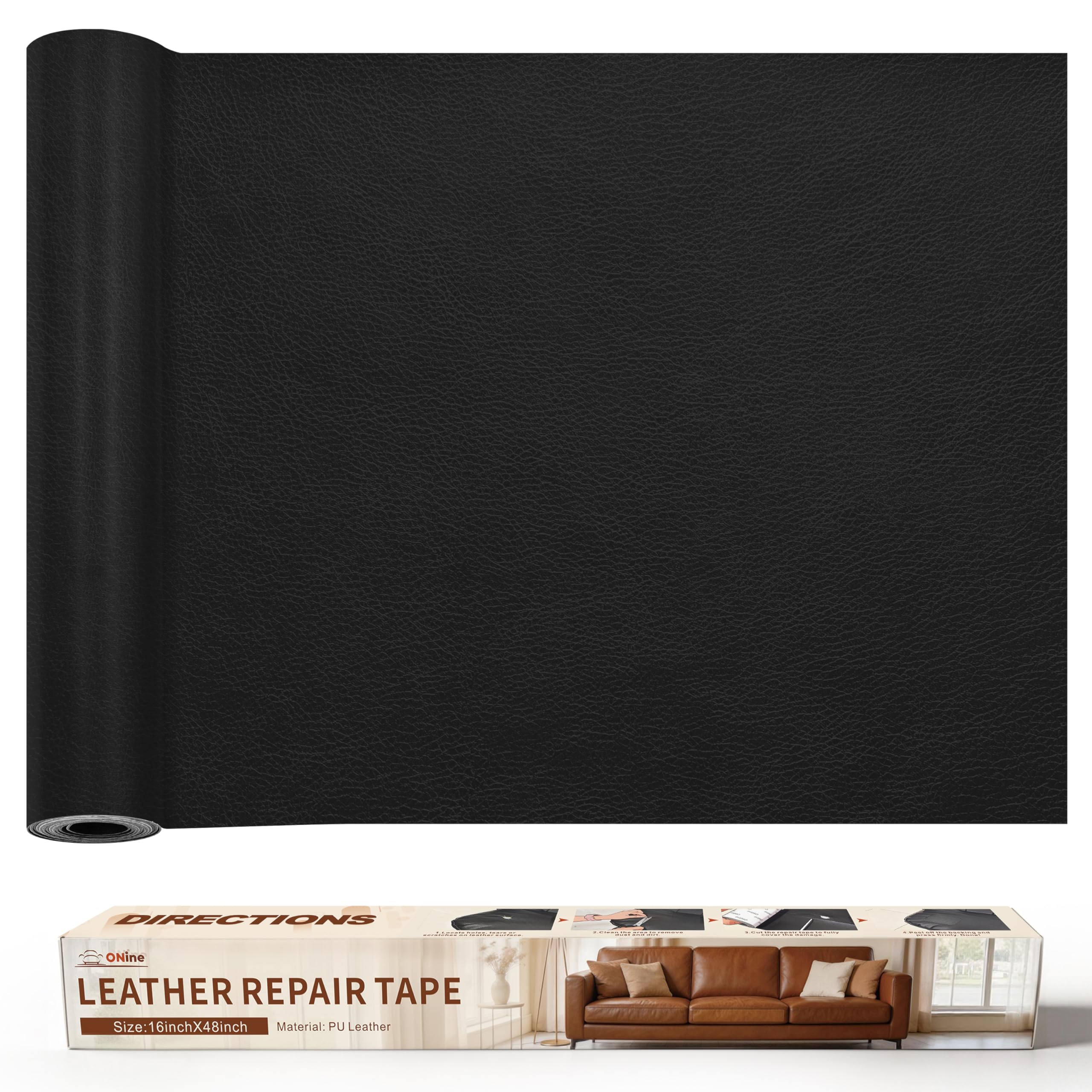 ONine Leather Repair Patch，Leather Repair Tape, 16 x 48 inches Leather Repair Patch for Furniture,Vinyl Repair kit，Leather Couch Patch，for Sofas, Furniture, car Seats(Black)
