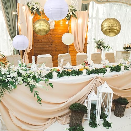 Miniatura 7 de Juego de 18 linternas redondas de papel chino, 46812 pulgadas, lámparas de papel redondas para colgar en bodas, fiestas de compromiso (oro, beige,