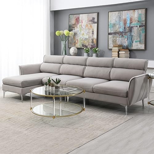 POCIYIHOME 111" Convertible Sectional, Flannel L Shape Upholstered Living Room Couch with Left/Right Facing Handed, 5 Seats Indoor Modular Sofa Chaise for Office,Apartment, Metal Legs, Grey