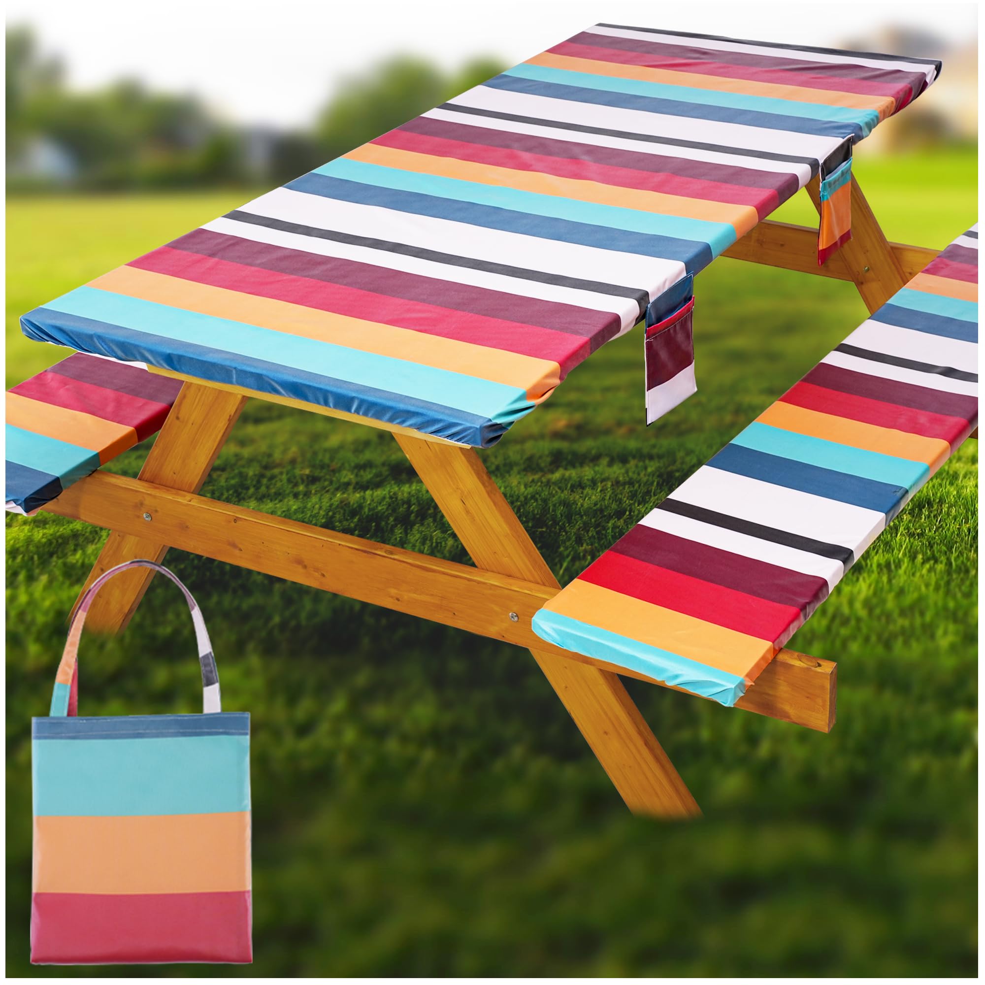 Fitted Picnic Table Cover with Bench Covers Waterproof Elastic Edges Rectangle Patio Tablecloth Outdoor Camping Essentials Stuff Rv Accessories Summer