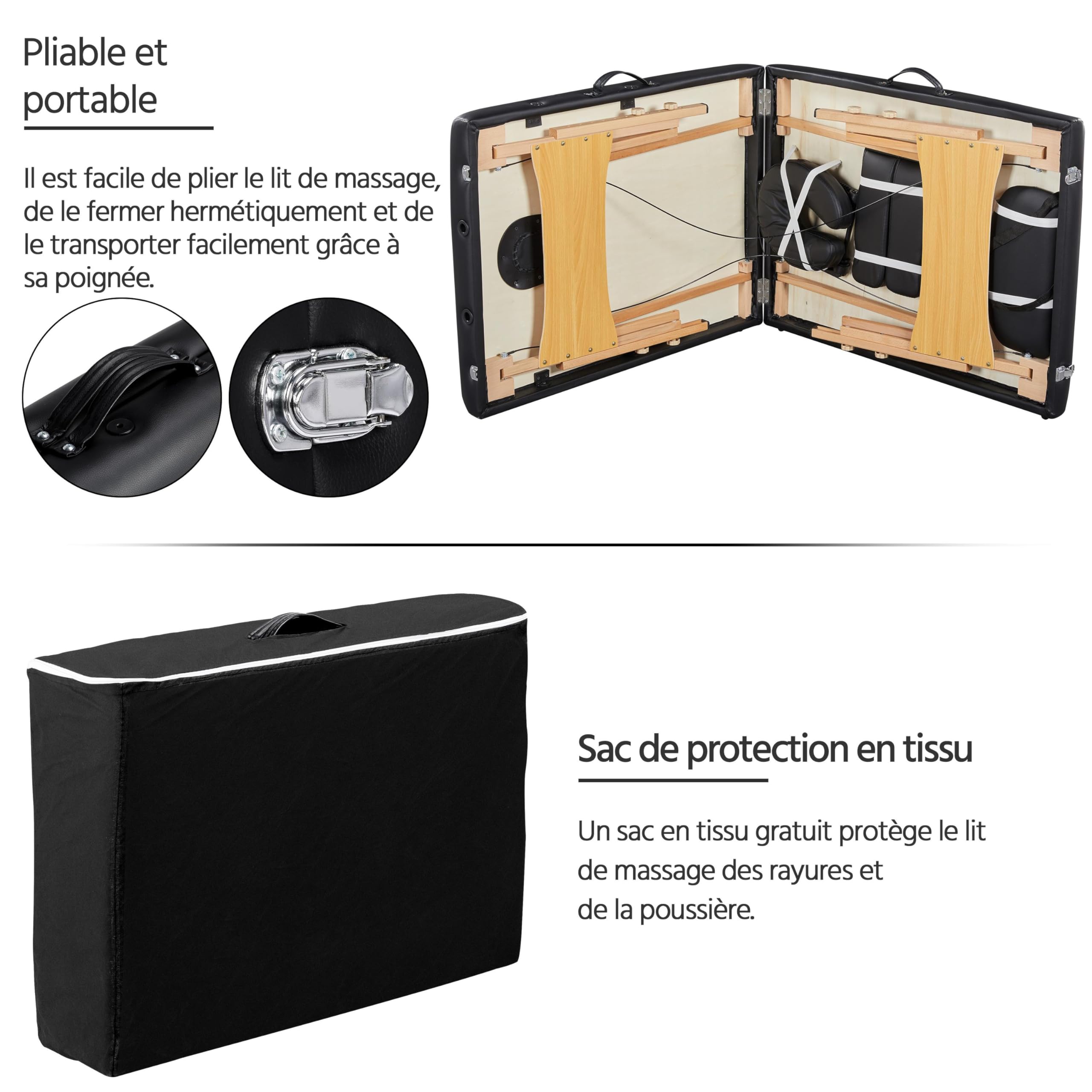 Yaheetech Table de Massage Pliante 70 cm Lit de Massage Professionnel en 2 Sections en Bois Massif Table Canapé Cosmetique Thérapie Noir