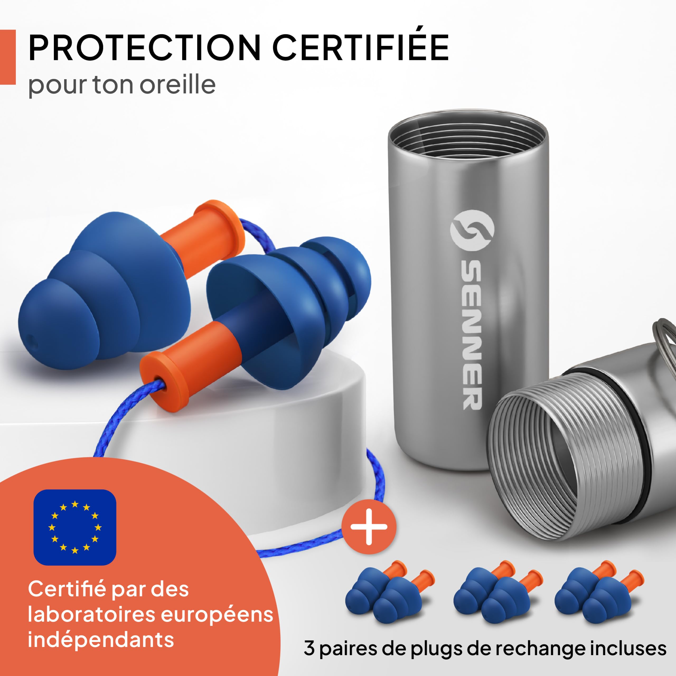 Senner ® WorkPro Strong | Bouchons travailler - Idéaux pour les sources de bruit élevé - Protection auditive au travail et à la maison - 3 paires supplémentaires + cordon nylon & boîtier en aluminium