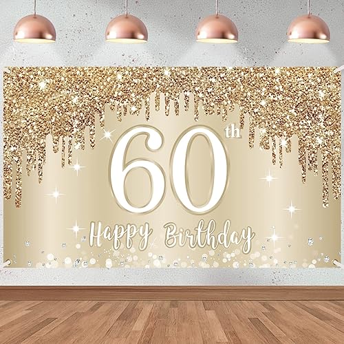 Cartel de feliz cumpleaños 60 para mujer, decoración de fondo dorado y blanco para fiesta de cumpleaños número 60, póster de fondo de cabina de