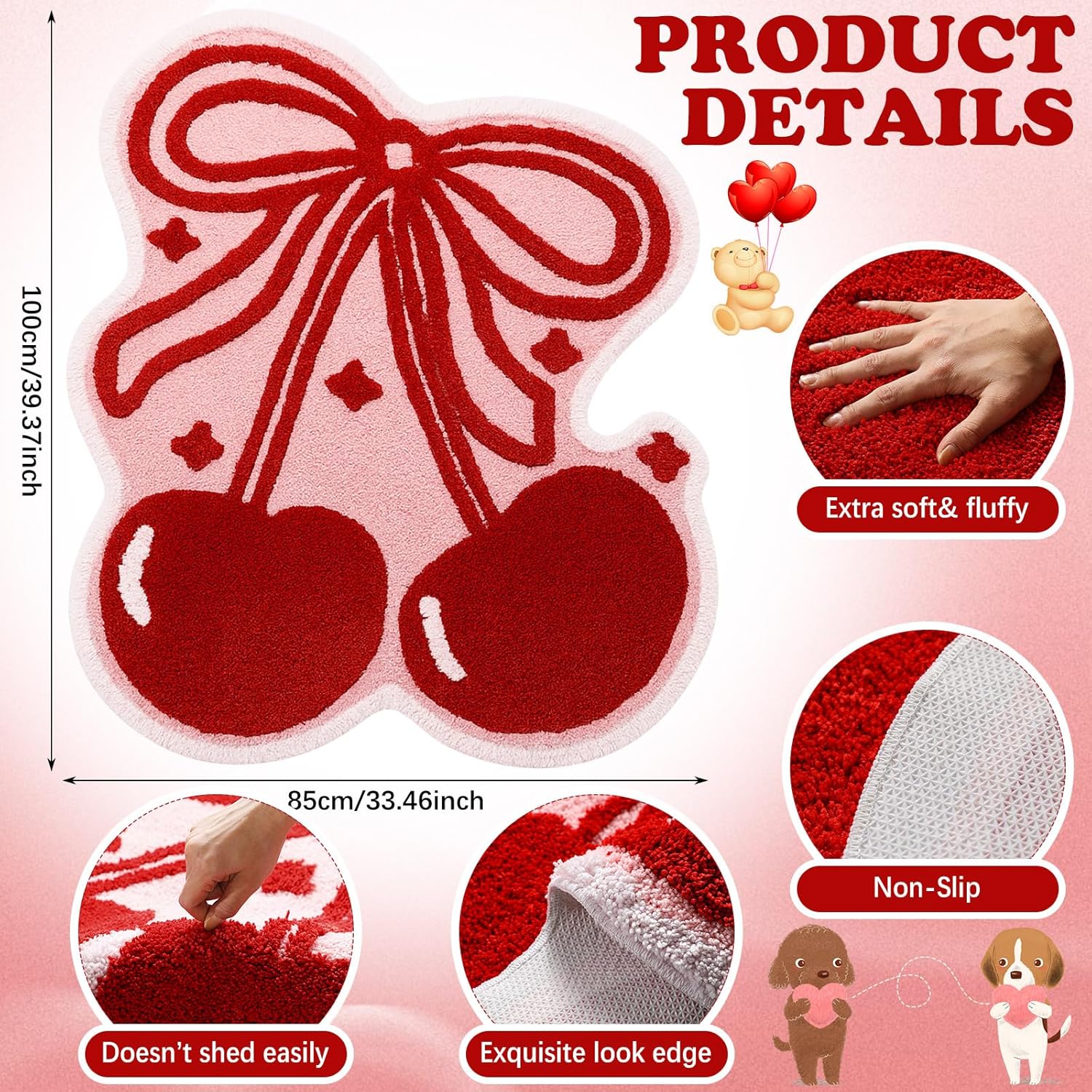 Nuanchu Cherry Bow Bathroom Rug 39.4 x 31.5'' Cute Cherry Red Bow Rug Soft Non Slip Fruit Shaped Absorbent Bath Mat Machine Washable Bath Mat for Bathroom Bedroom Living Room Home Decor