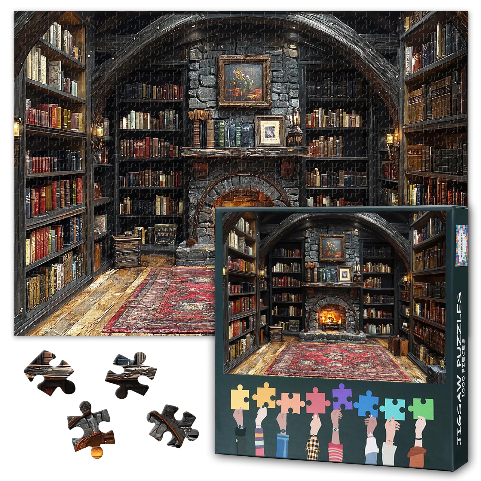Cozy Library Interior 1000-Piece Jigsaw Puzzle - 50x70cm Puzzles for Adults,Bookshelves Fireplace Rug and Warm Lighting Puzzle, Unique Gift for Parlour Games